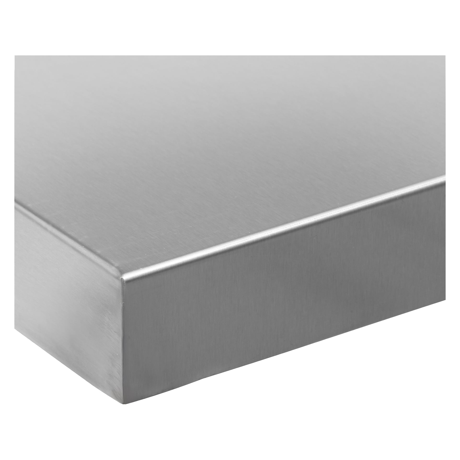 Nærbilde av en rektangulær rustfri stålplate eller benkeplate, med børstet metallfinish og skarpe, definerte kanter.