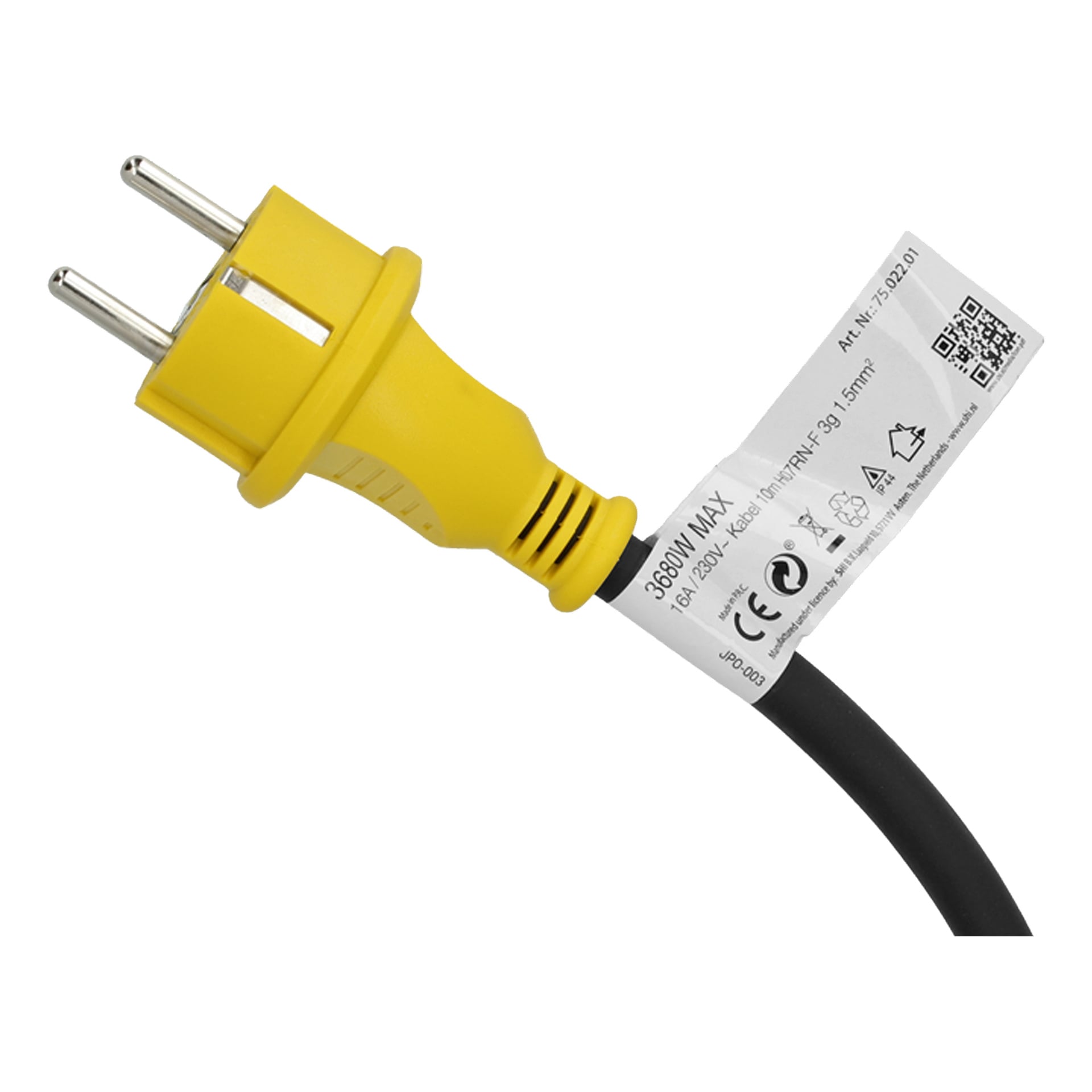 Gul europeisk tvåpolig kontakt med svart kabel, fäst vid en vit etikett som visar teknisk information och streckkoder.