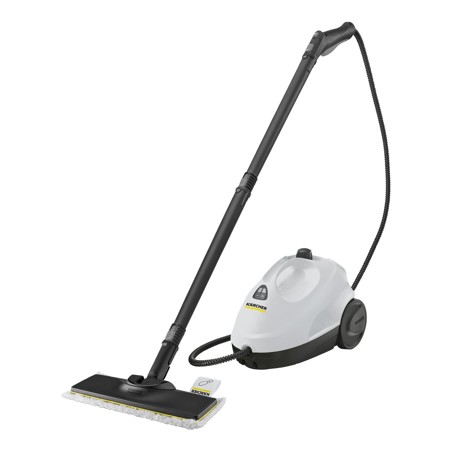 En Karcher ångrengörare i vitt och svart, med långt handtag och platt huvud, kopplad med slang till en hjuldriven enhet med reglag.