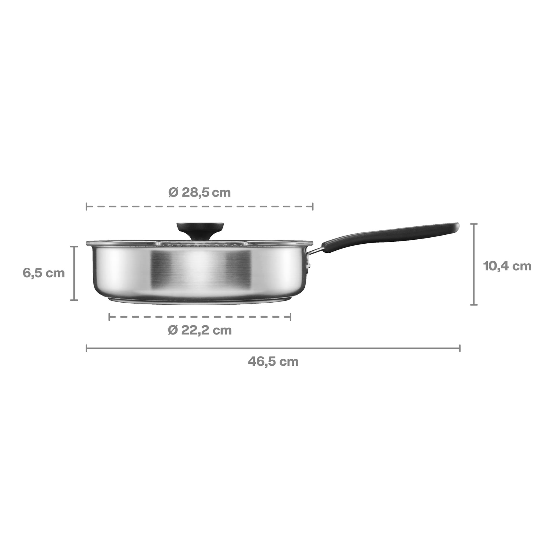 Edelstahlpfanne mit Deckel und schwarzem Griff, Maße beschriftet: 28,5 cm Durchmesser, 22,2 cm Boden, 46,5 cm Länge, 6,5 cm Höhe, 10,4 cm Gesamthöhe.