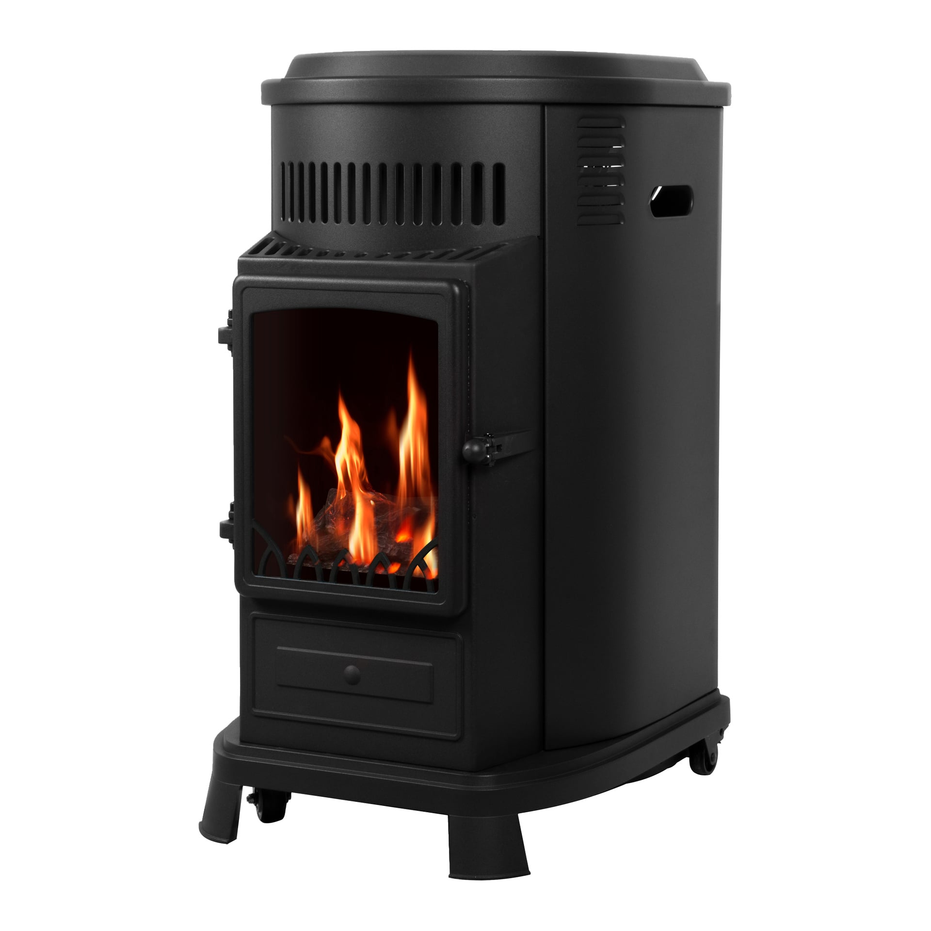 Svart vedeldad kamin med glasfront som visar lågor, fyra korta ben och ventilationsluckor nära toppen.