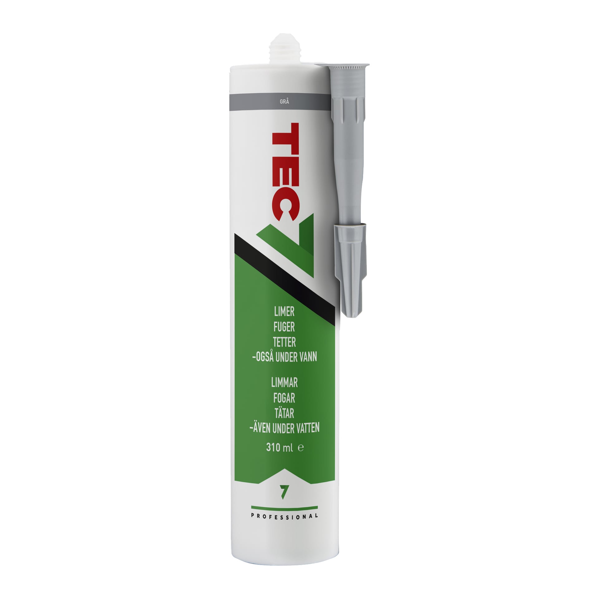 En vit 310 ml TEC7 Professional lim- och tätningspatron med spetsigt munstycke, märkt för limning och tätning, även under vatten.