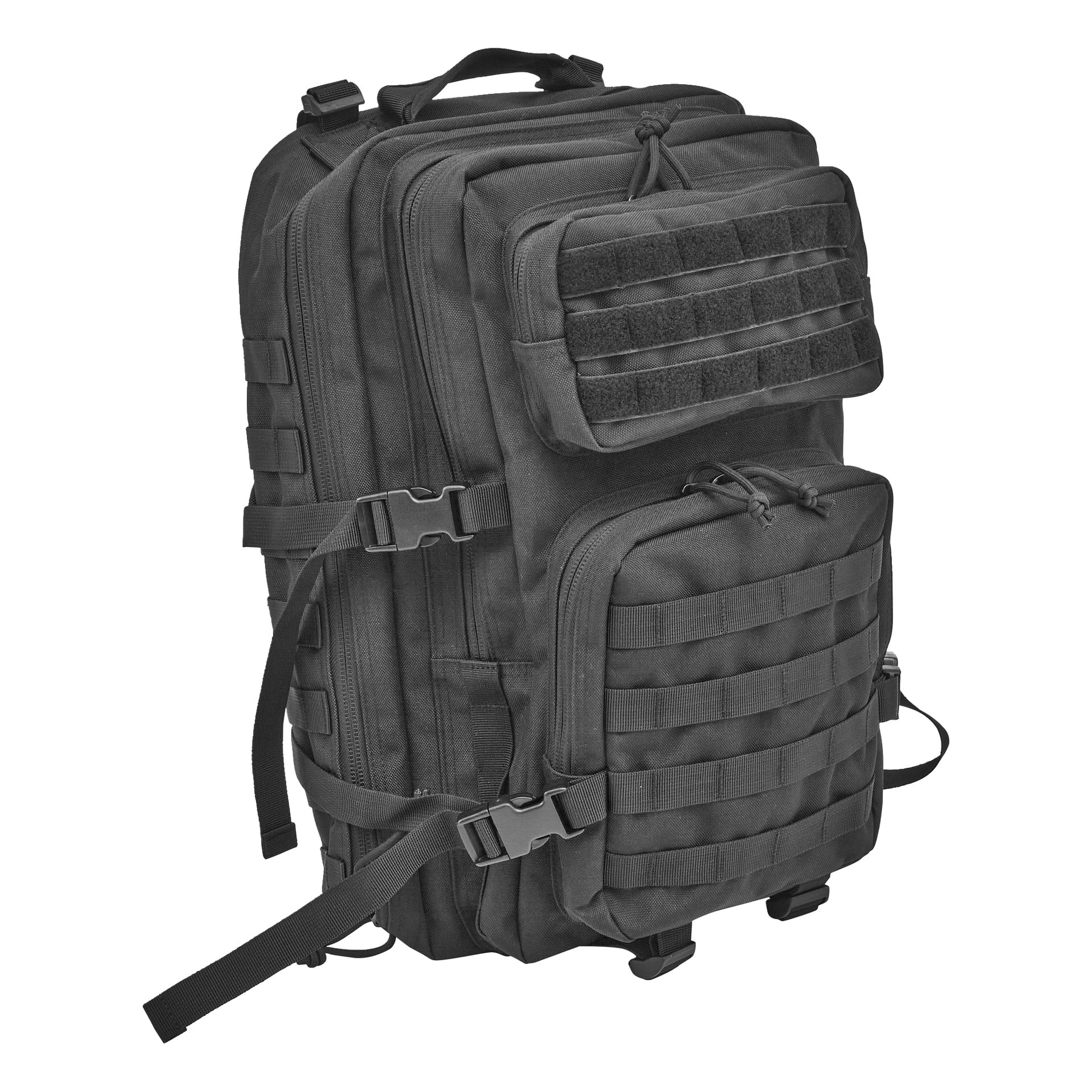 En stor svart taktisk ryggsekk med flere glidelåslommer, justerbare stropper, spenner og MOLLE-webbing foran og på sidene.