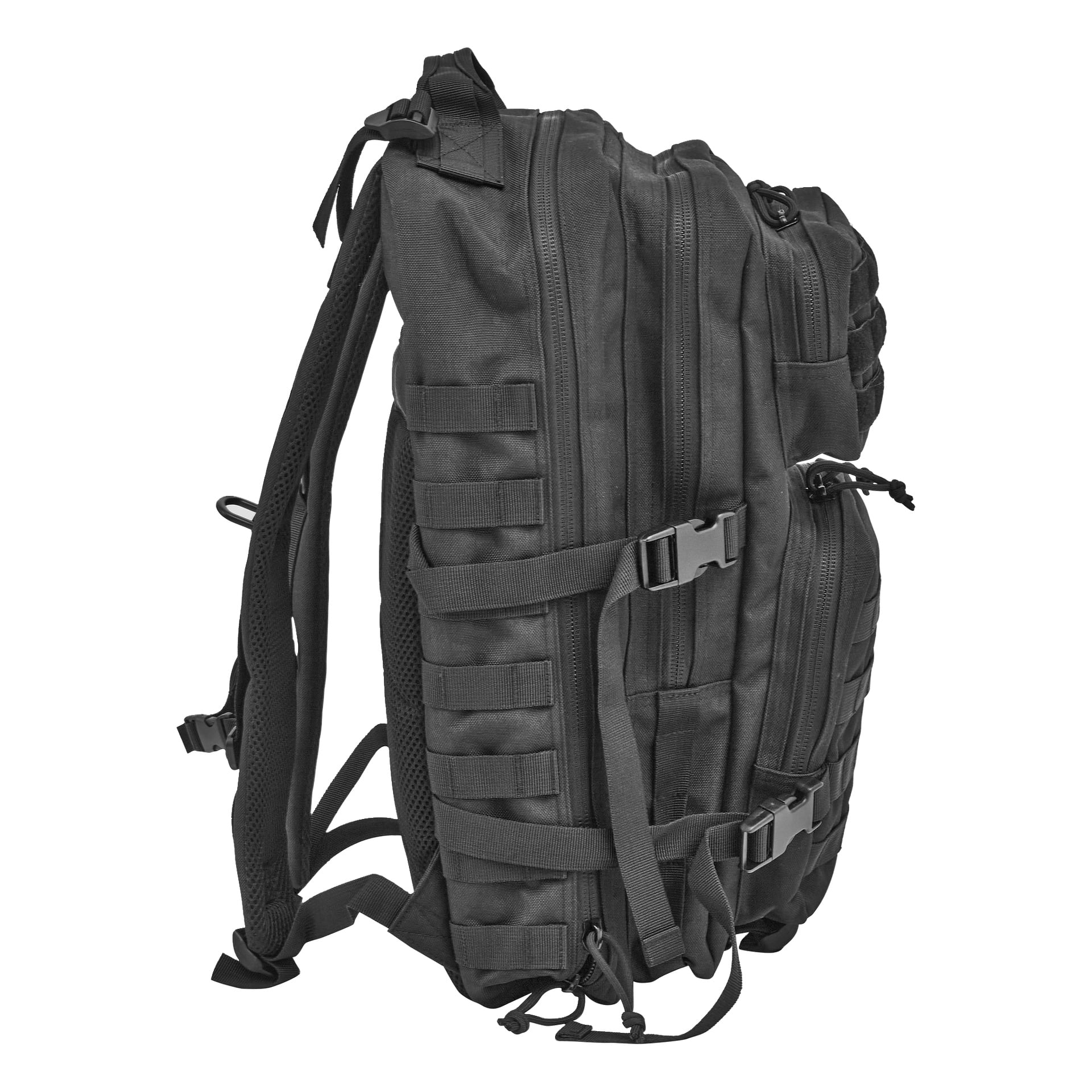 En svart taktisk ryggsekk med flere glidelåslommer, justerbare stropper og side-MOLLE-webbing, sett fra siden.