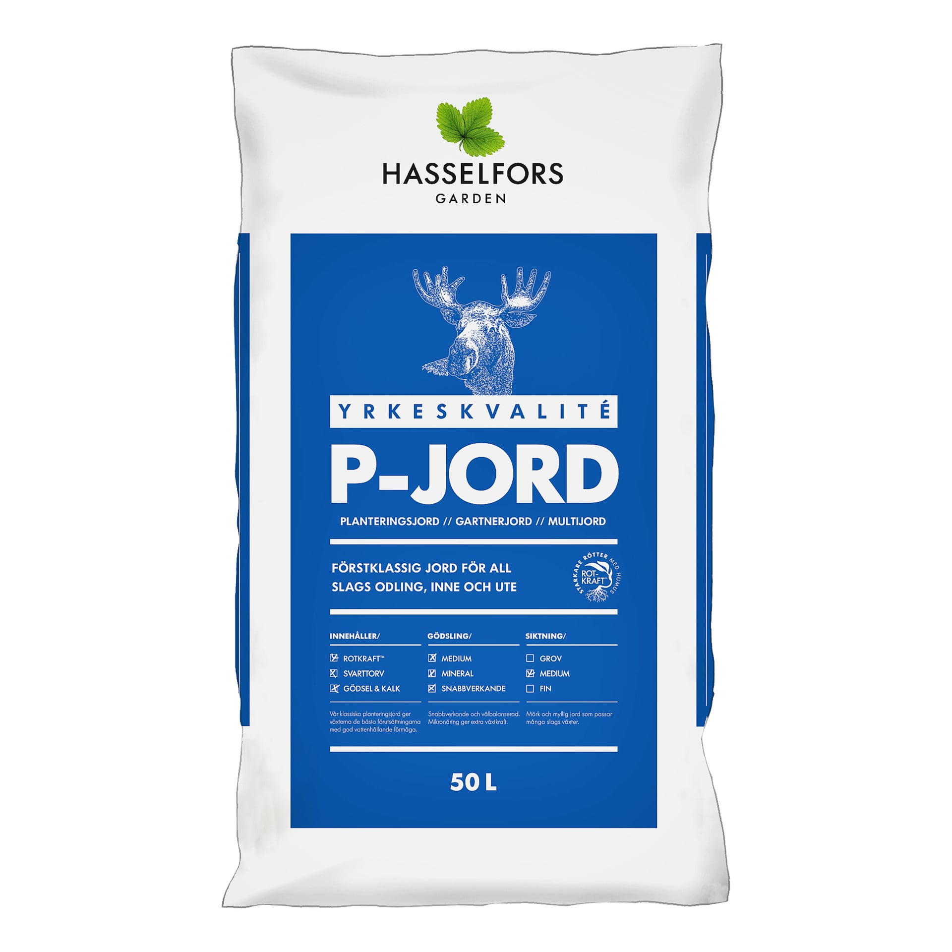 En 50-liters Hasselfors Garden P-Jord planteringsjordpåse med vitt paket, blå etikett, älgillustration och produktdetaljer.