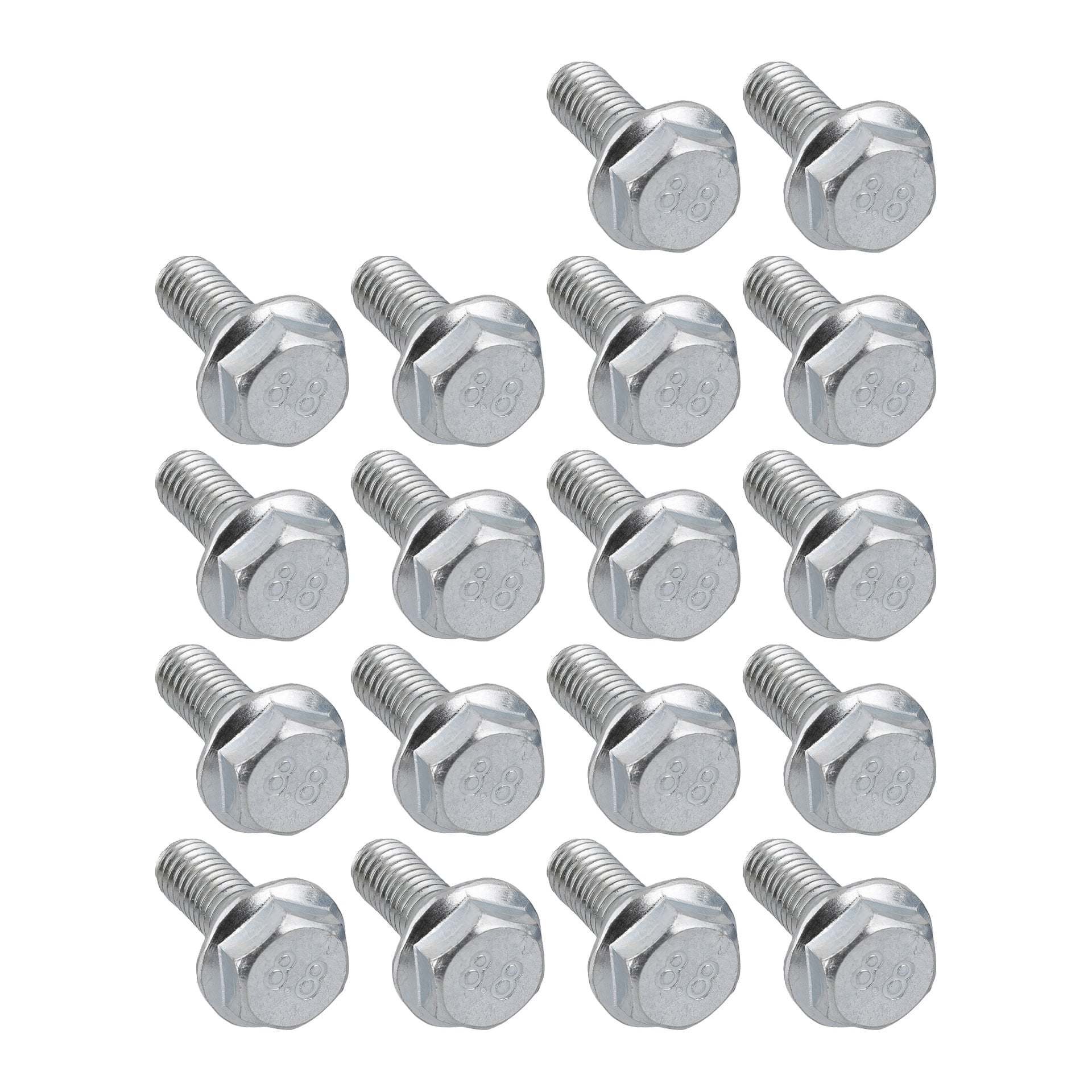 Sjutton identiska silver-hexbultar är placerade i fyra förskjutna rader. Var och en har ett hexagonalt huvud och en kort gängad axel.