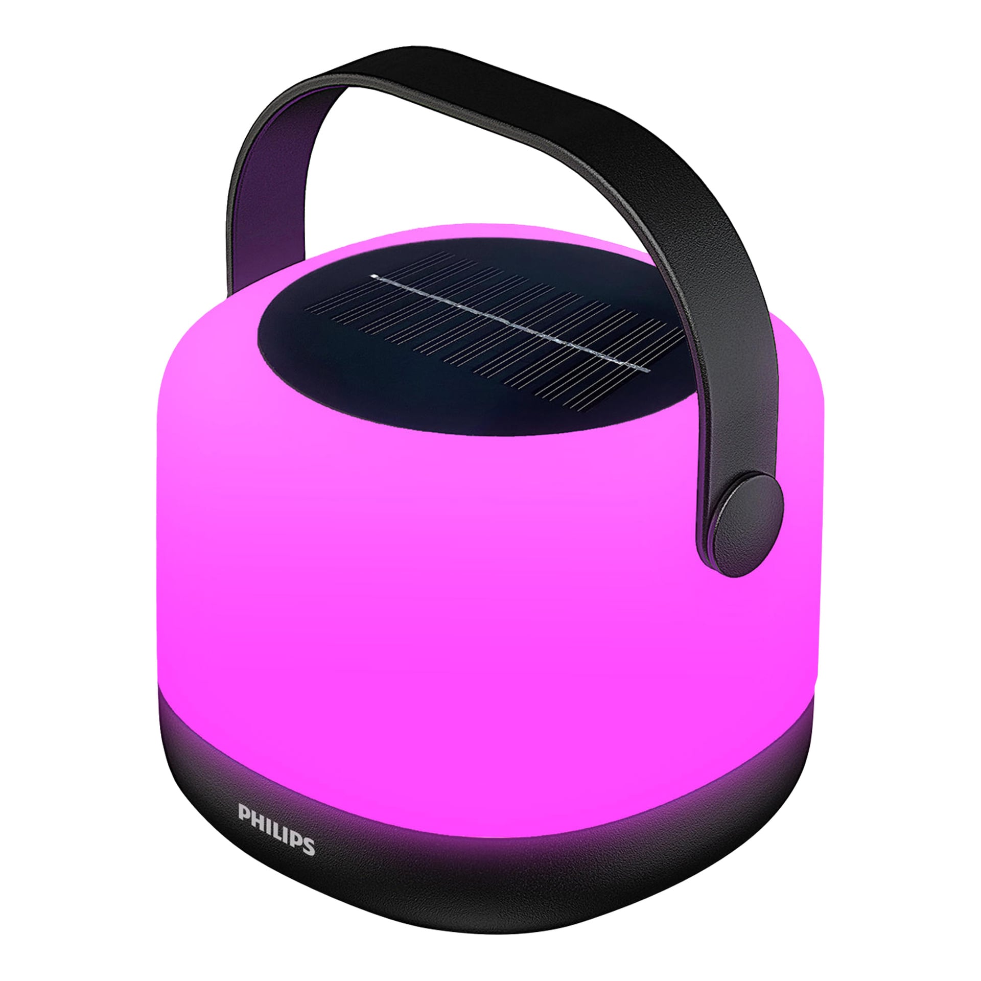 En Philips-lykta med svart handtag, solpanel på toppen, lysande rosa ljus och Philips-loggan på den svarta basen.