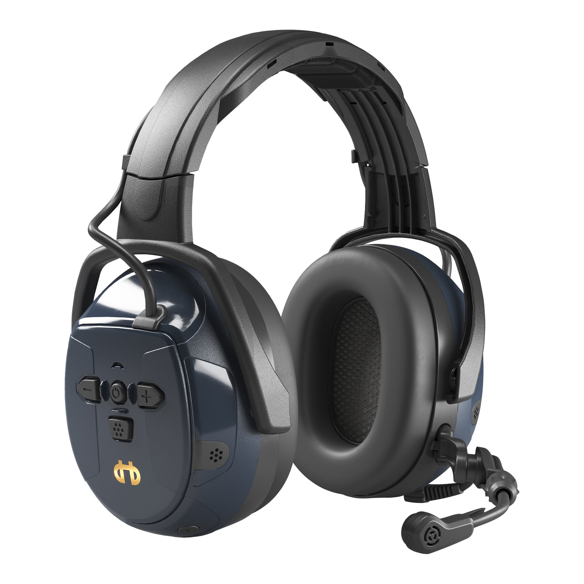 Over-ear svarta och mörkgrå hörlurar med ett dämpat pannband, kontrollknappar och en flexibel mikrofon på vänster sida.