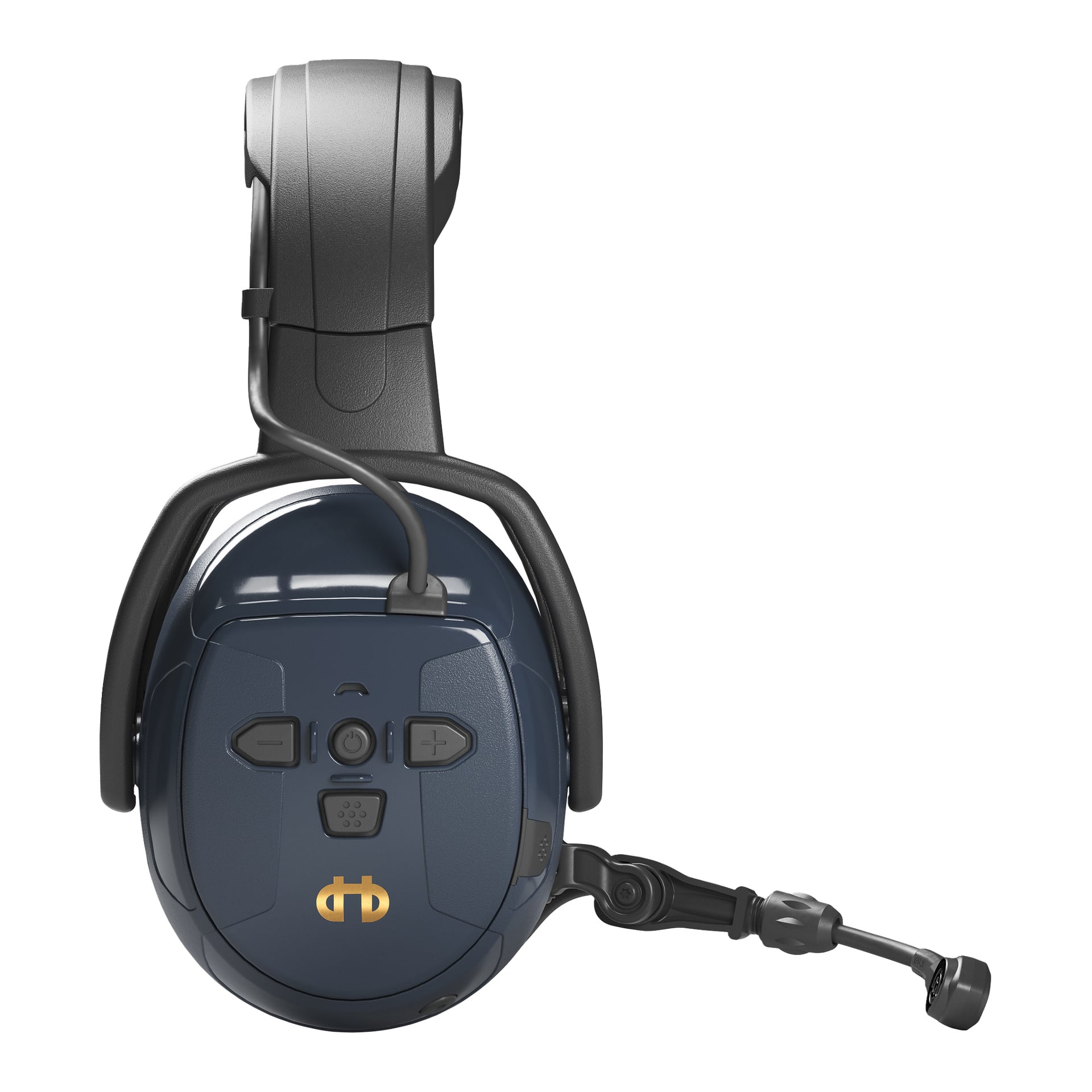 En närbild på ett mörkt over-ear-headset med kontrollknappar, mikrofonboom och ett anslutande pannband.