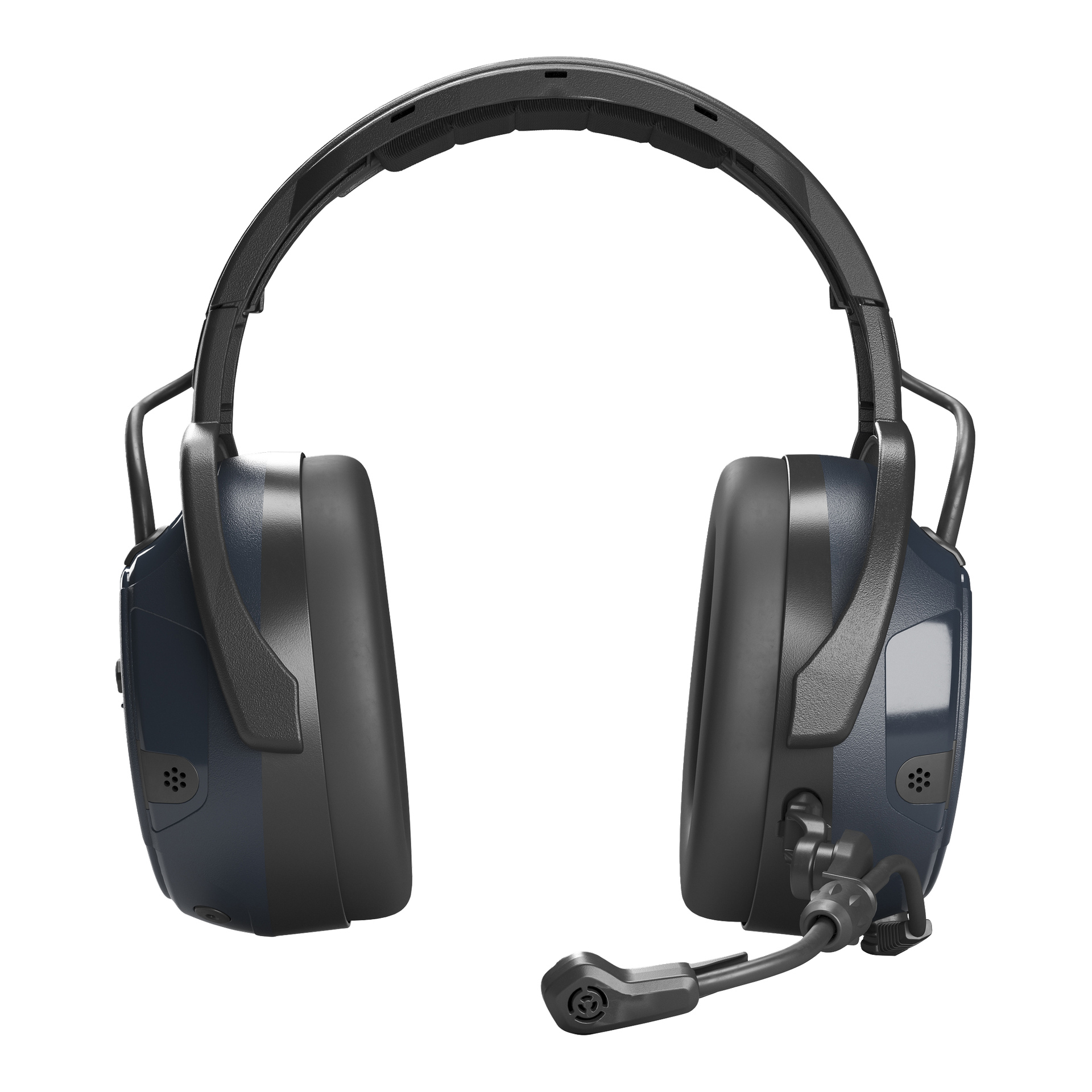 Ett svart över-öron-headset med dämpade öronkåpor och ett vadderat, justerbart huvudband, med inbyggd justerbar mikrofon.