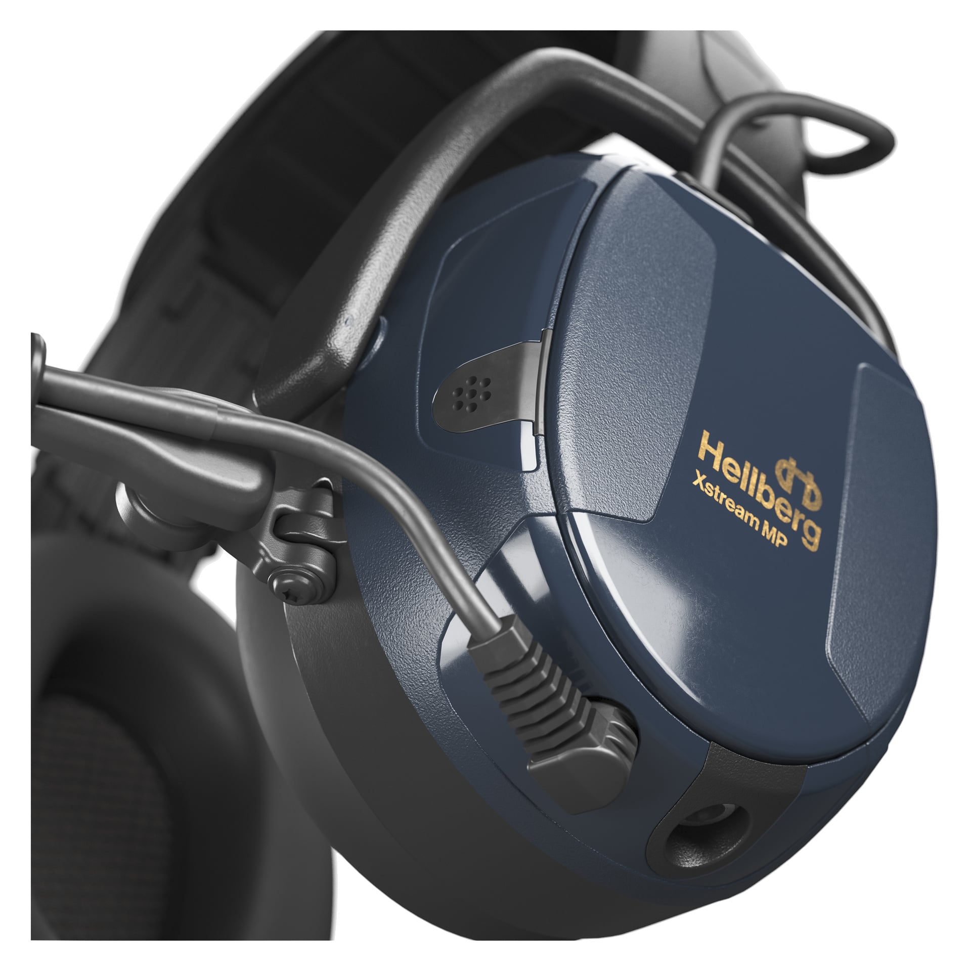 Närbild på ett mörkblått Hellberg Xstream MP-headset med inbyggd mikrofon, justerbart pannband, vadderad öronkåpa och gul märkning.