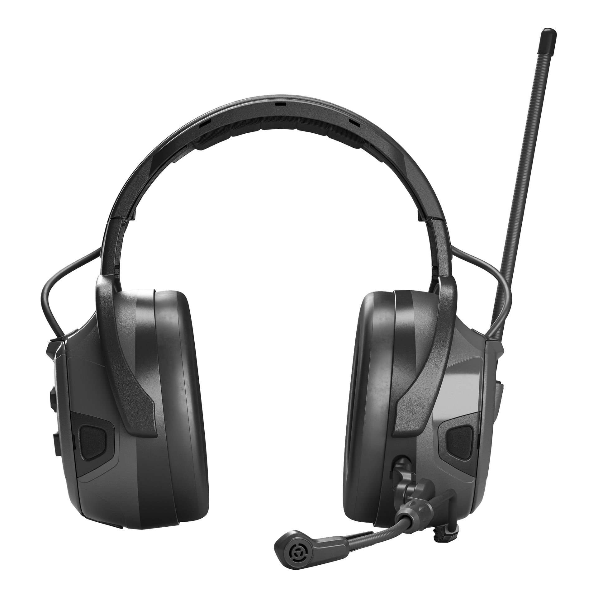 Svarta over-ear-hörlurar har en boom-mikrofon, en lång antenn på höger sida, vadderade öronkåpor och flera kontrollknappar.