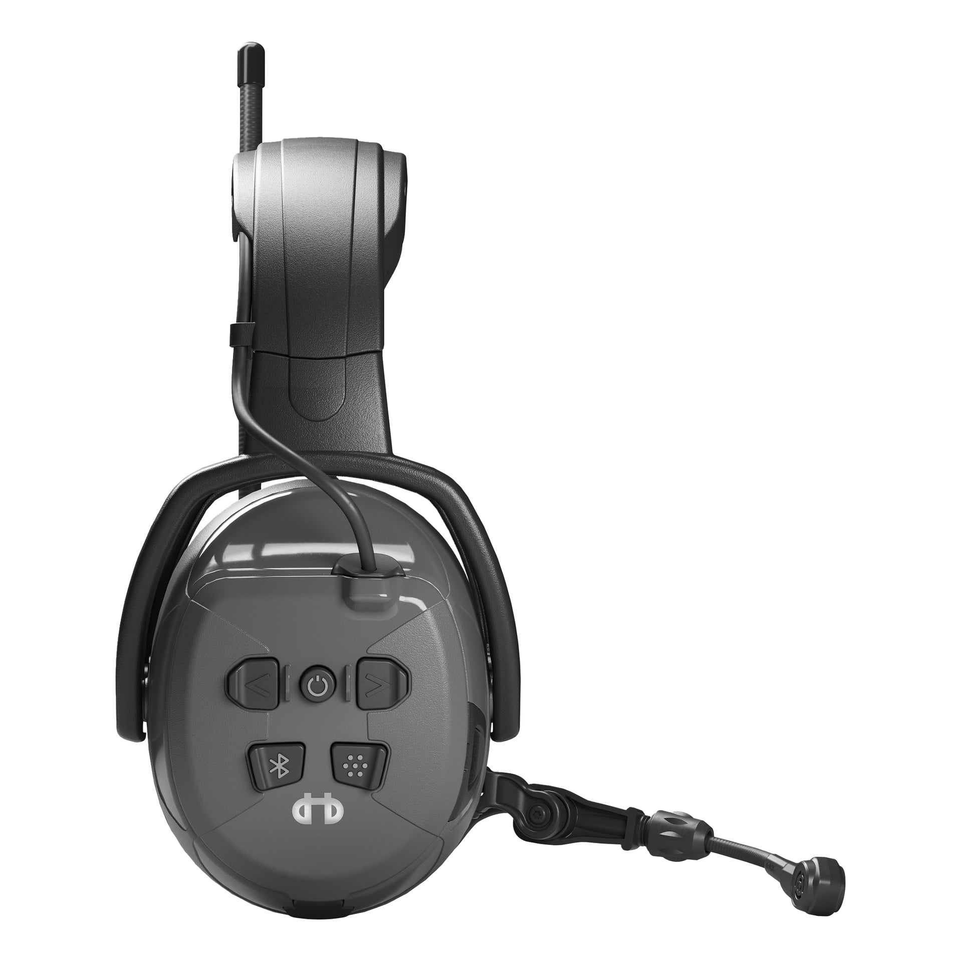 Ett svart over-ear-headset med mikrofon, vadderad pannband, antenn och fem knappar på en öronkåpa.