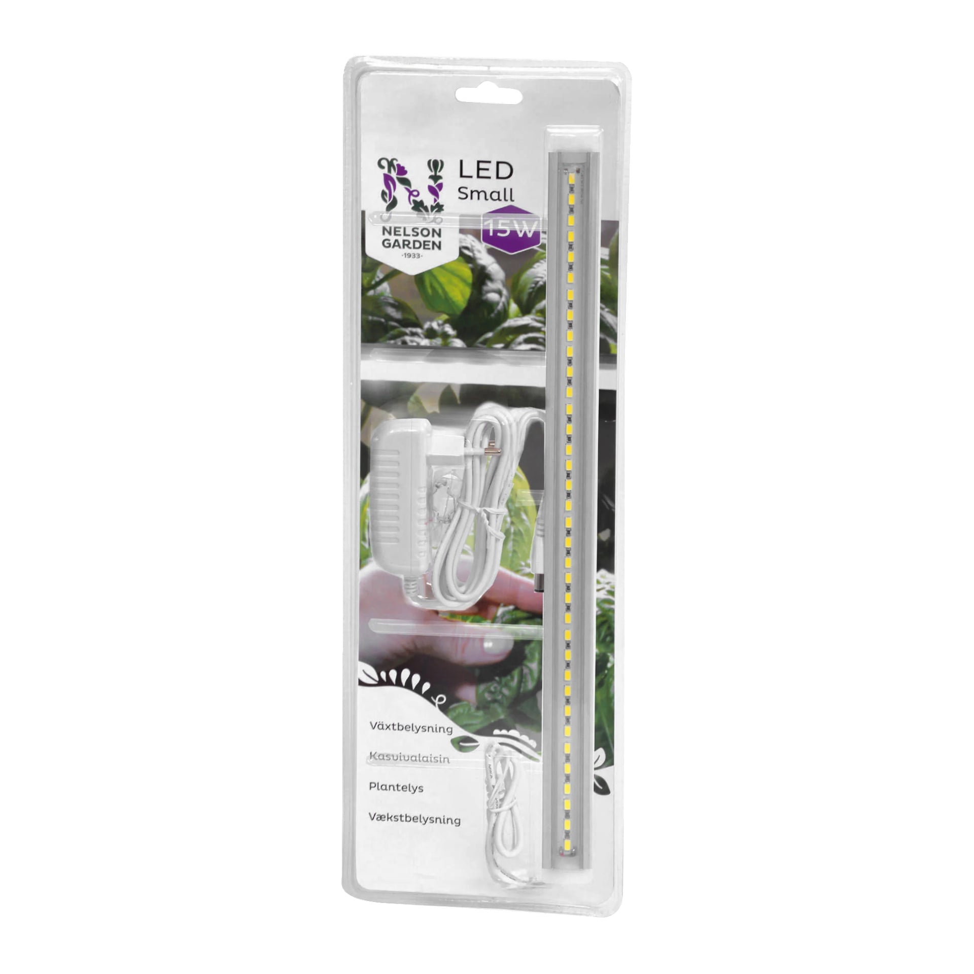Et pakket Nelson Garden 15W LED-vekstlyssett med lysstang, strømadapter, ledning og plantebilder samt produktfunksjoner på esken.