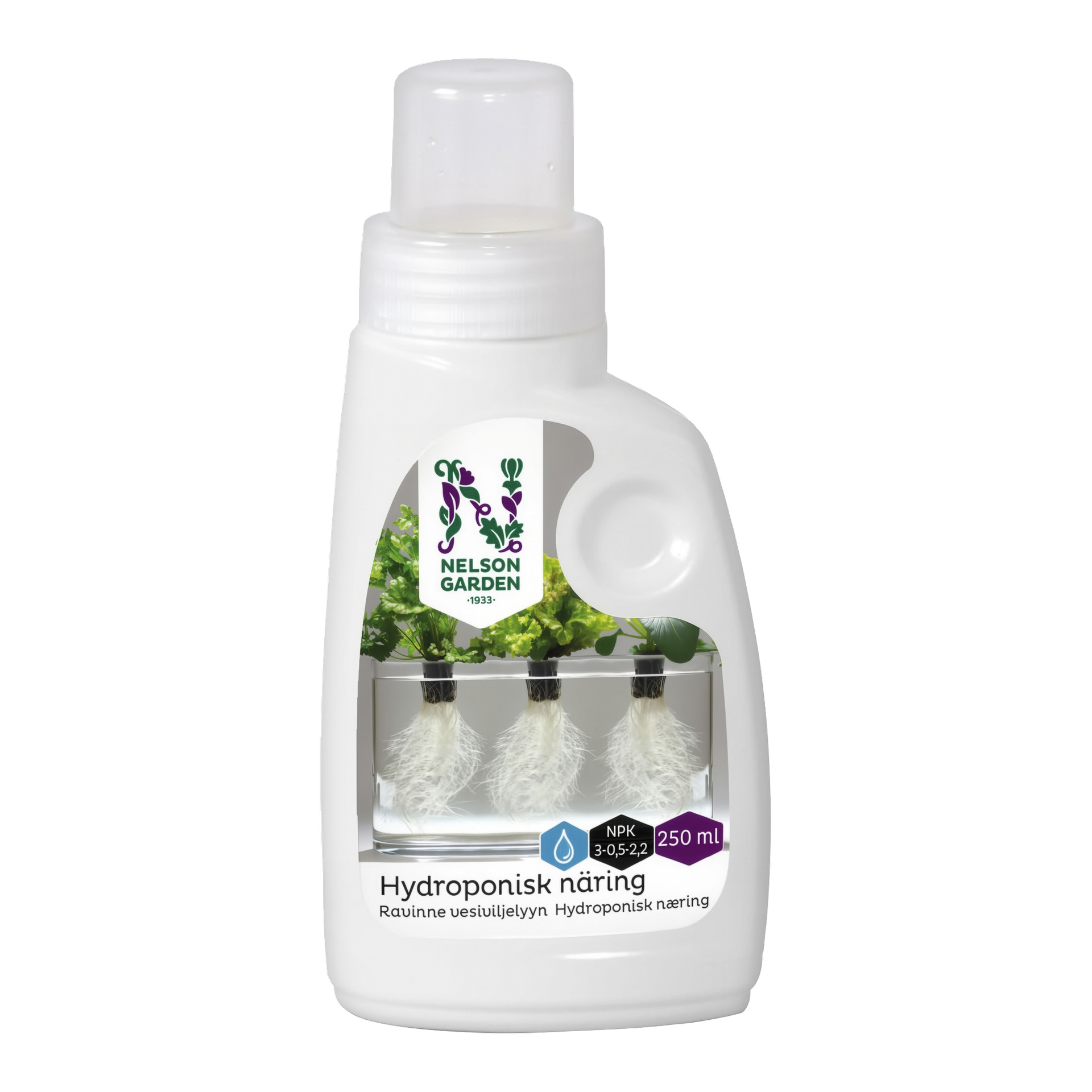 En 250 ml vit flaska märkt NELSON GARDEN hydroponisk näringslösning, med växtrötter i vatten och NPK 3-0.5-2.2 på etiketten.