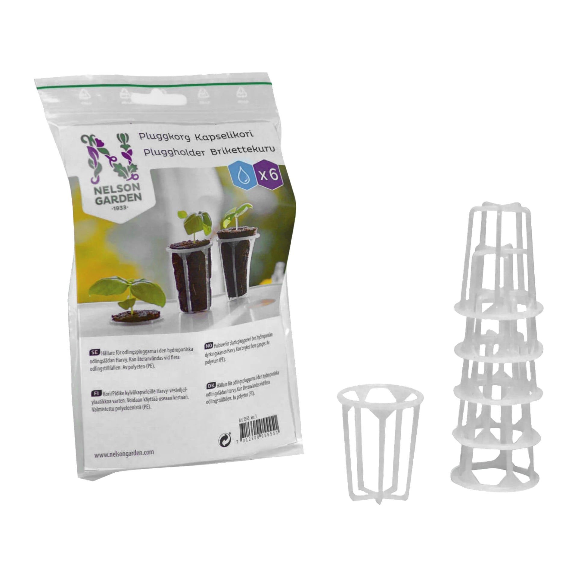 Ett "Nelson Garden Pluggholder"-paket med sex vita plasthållare för växtpluggar staplade bredvid, som visar plantor på lådan.