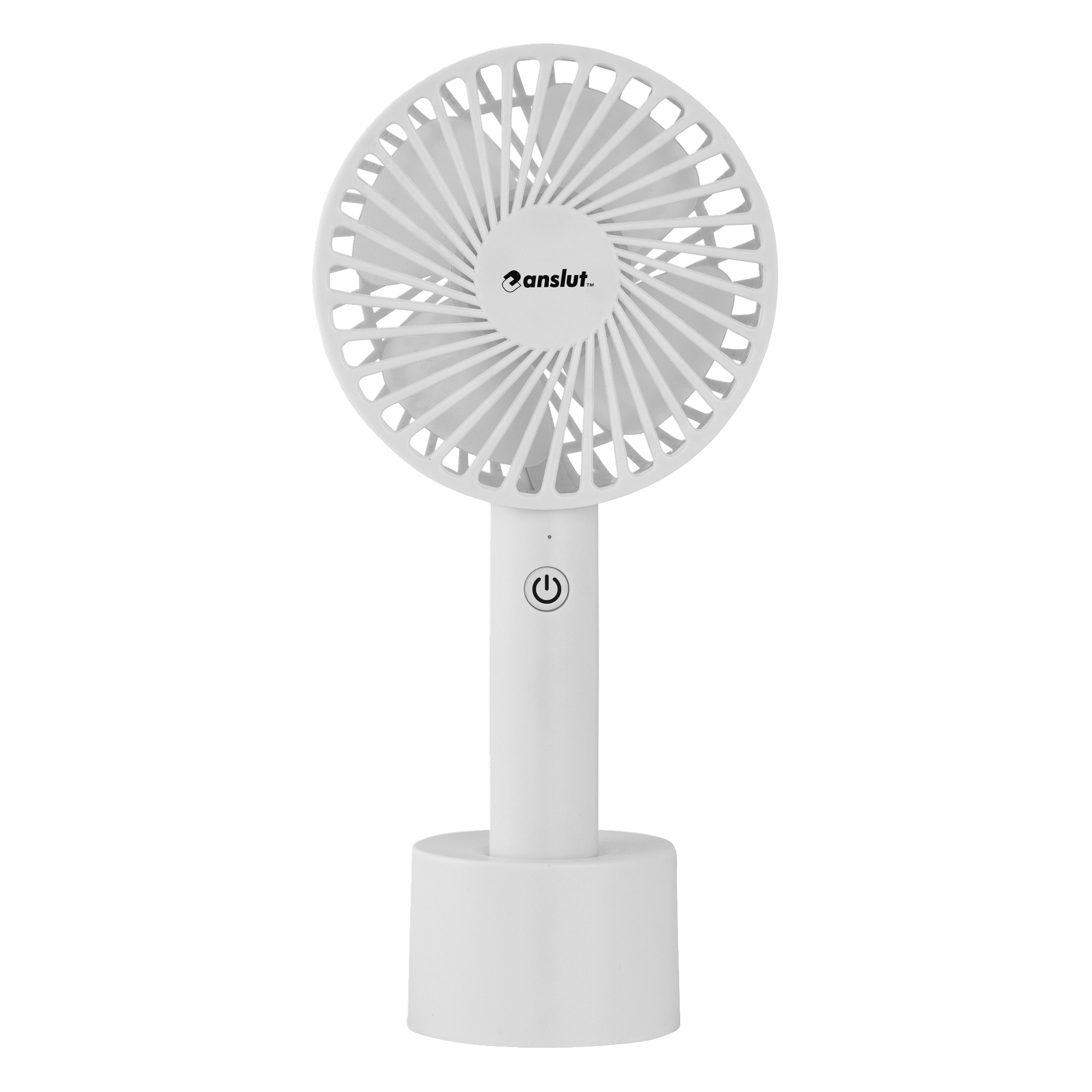 Kompakt hvit elektrisk vifte med sirkulært grill, én av/på-knapp på håndtaket, rund bunn og "Anslut"-logo i midten.
