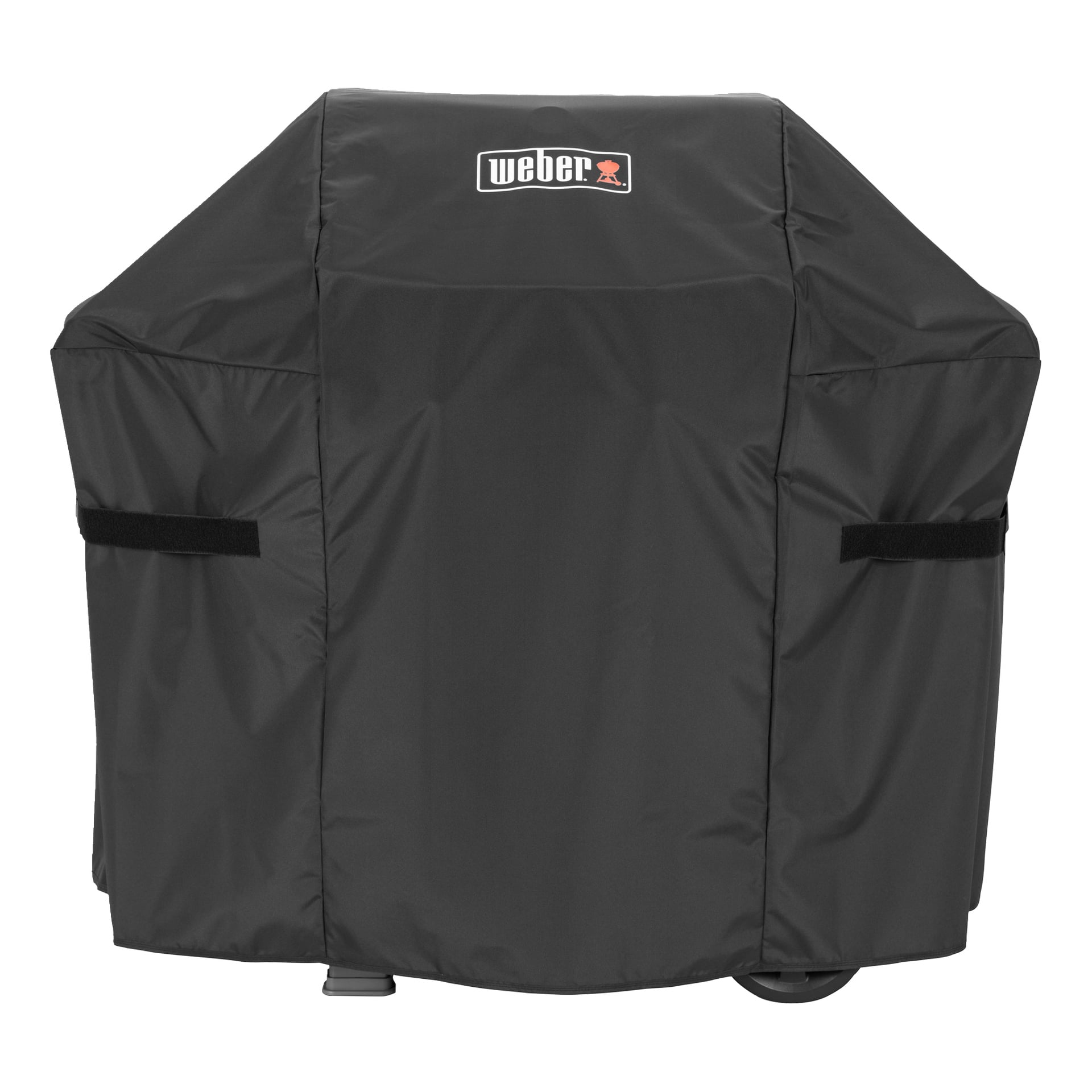 Et svart Weber-grilldeksel med Weber-logoen øverst i midten, med to sidehåndtak og et teksturert, vannavstøtende utseende.