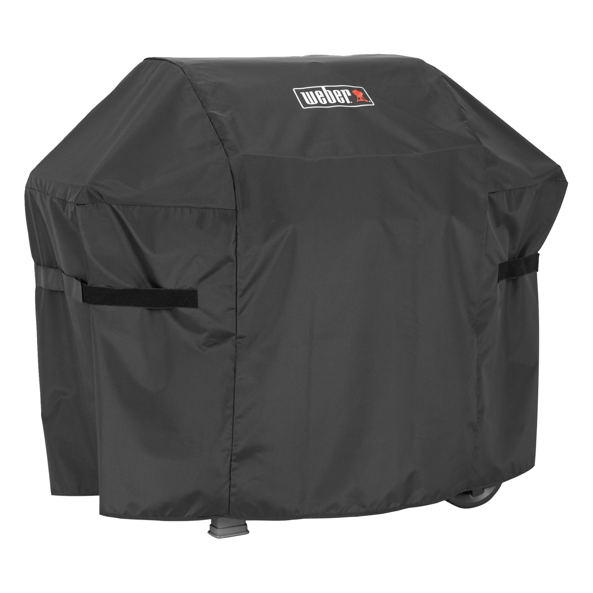 Et svart Weber-grilldeksel skjuler grillen, med to hjul nederst og Weber-logoen vist på dekselet.
