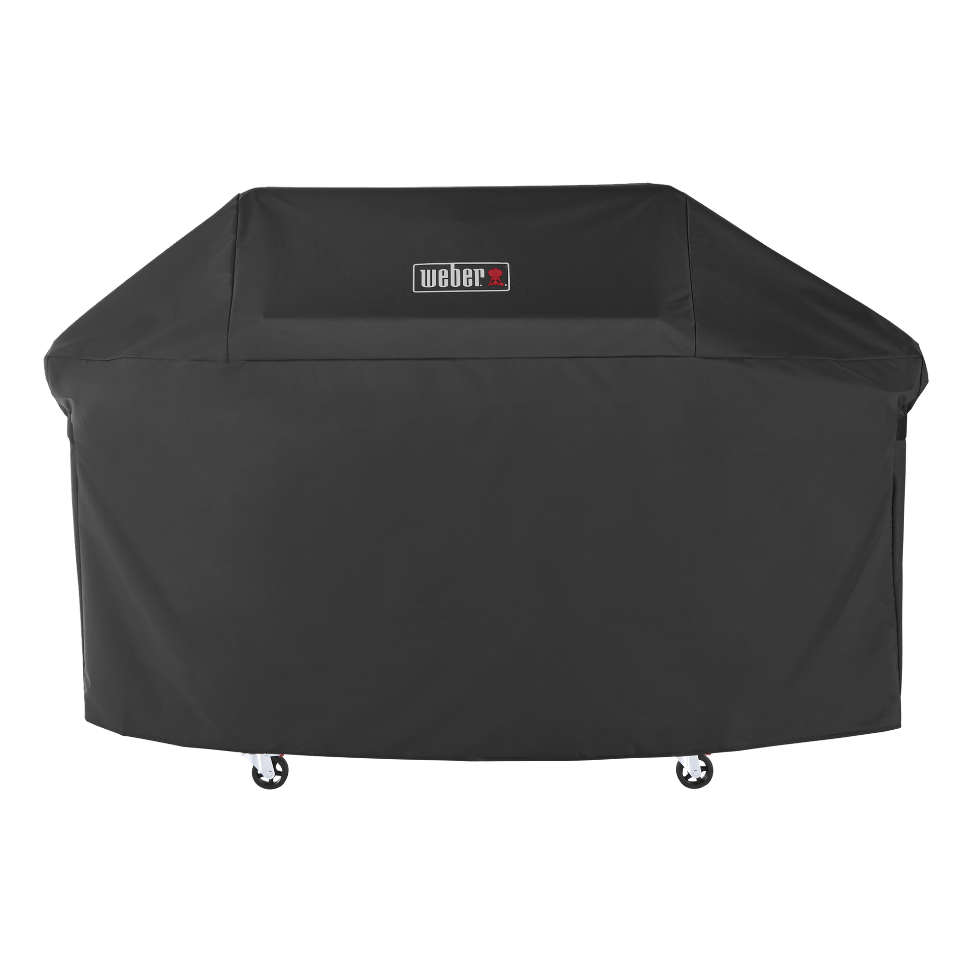 En svart Weber-grill under ett tajt lock, med fyra hjul synliga vid basen och Weber-logotypen framtill.