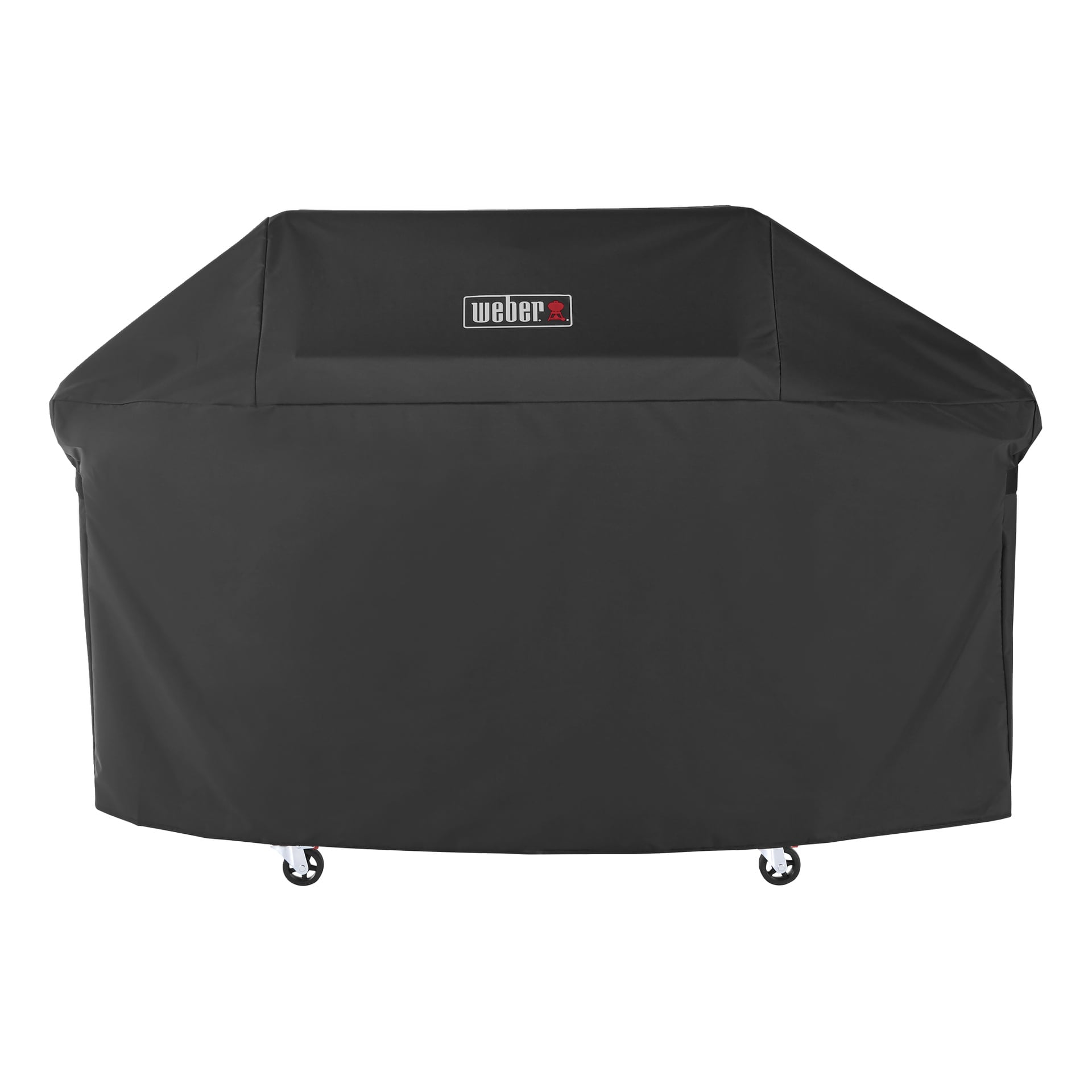 En svart Weber-grill under ett tajt lock, med fyra hjul synliga vid basen och Weber-logotypen framtill.