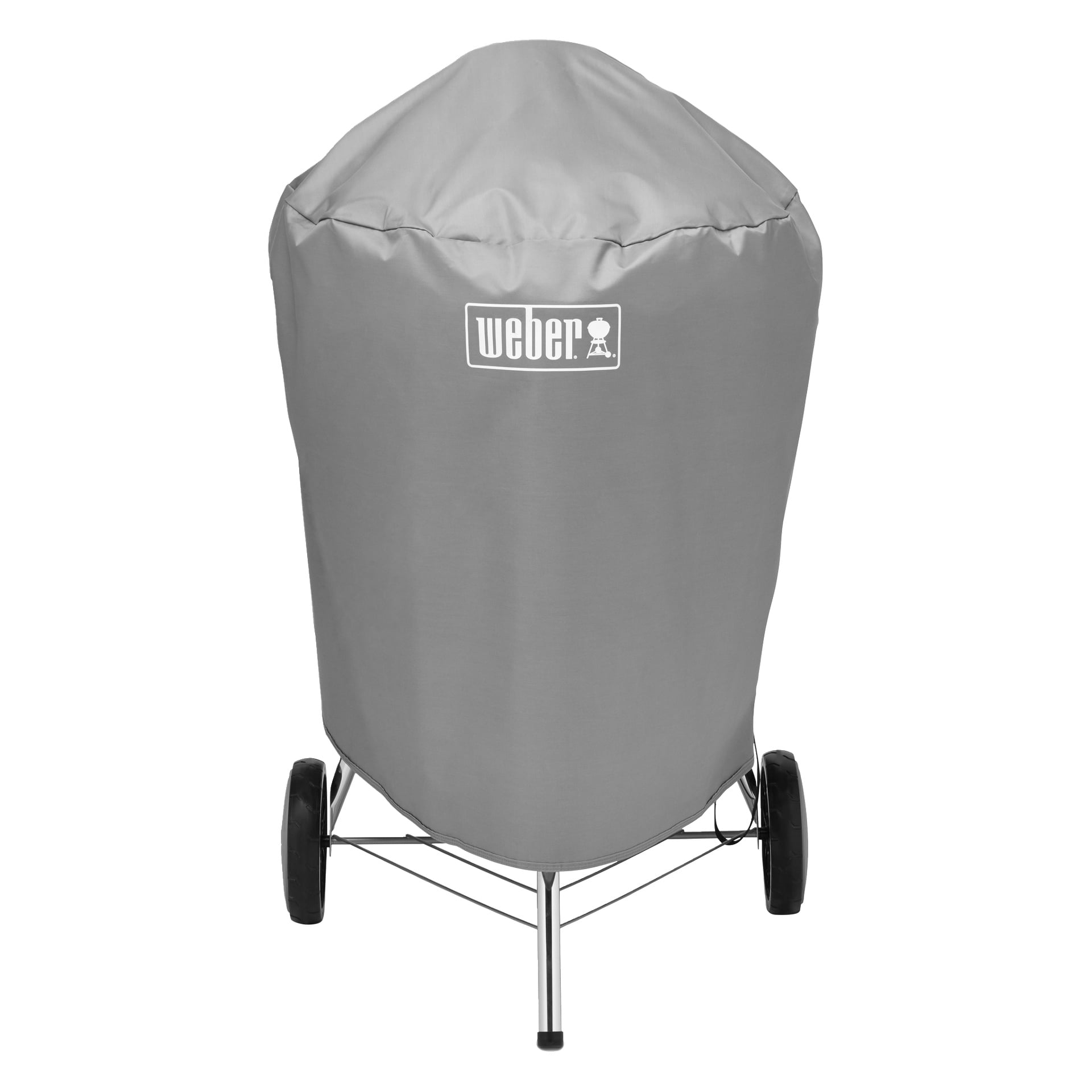 Et grått Weber-grilldeksel hviler over en rund hjulgrill, og viser Weber-logoen tydelig på fronten. Frontvisning vist.