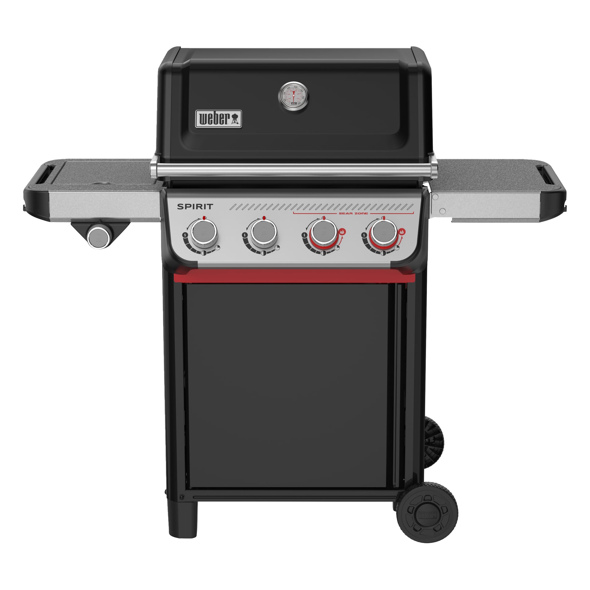 Ett svart Weber Spirit-grill med fyra rattar, två sidohyllor, ett stängt underskåp, hjul på höger sida och en locktermometer.
