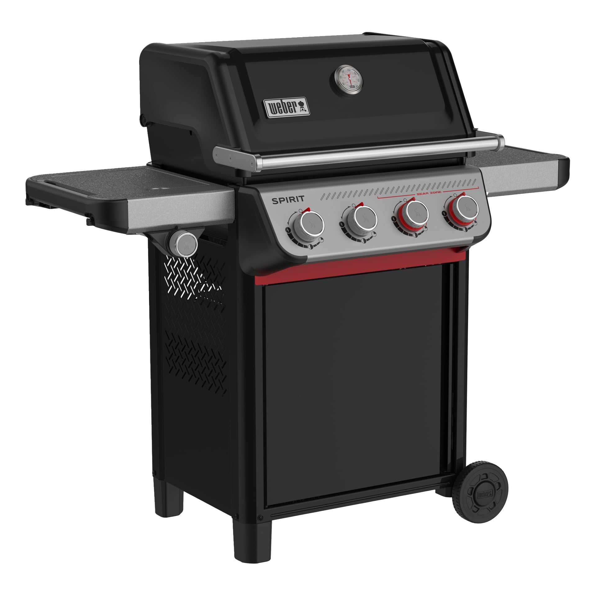En svart Weber Spirit gasgrill med fyra rattar, sidohyllor, stängd skåpsbas, lock termometer och två stora hjul.
