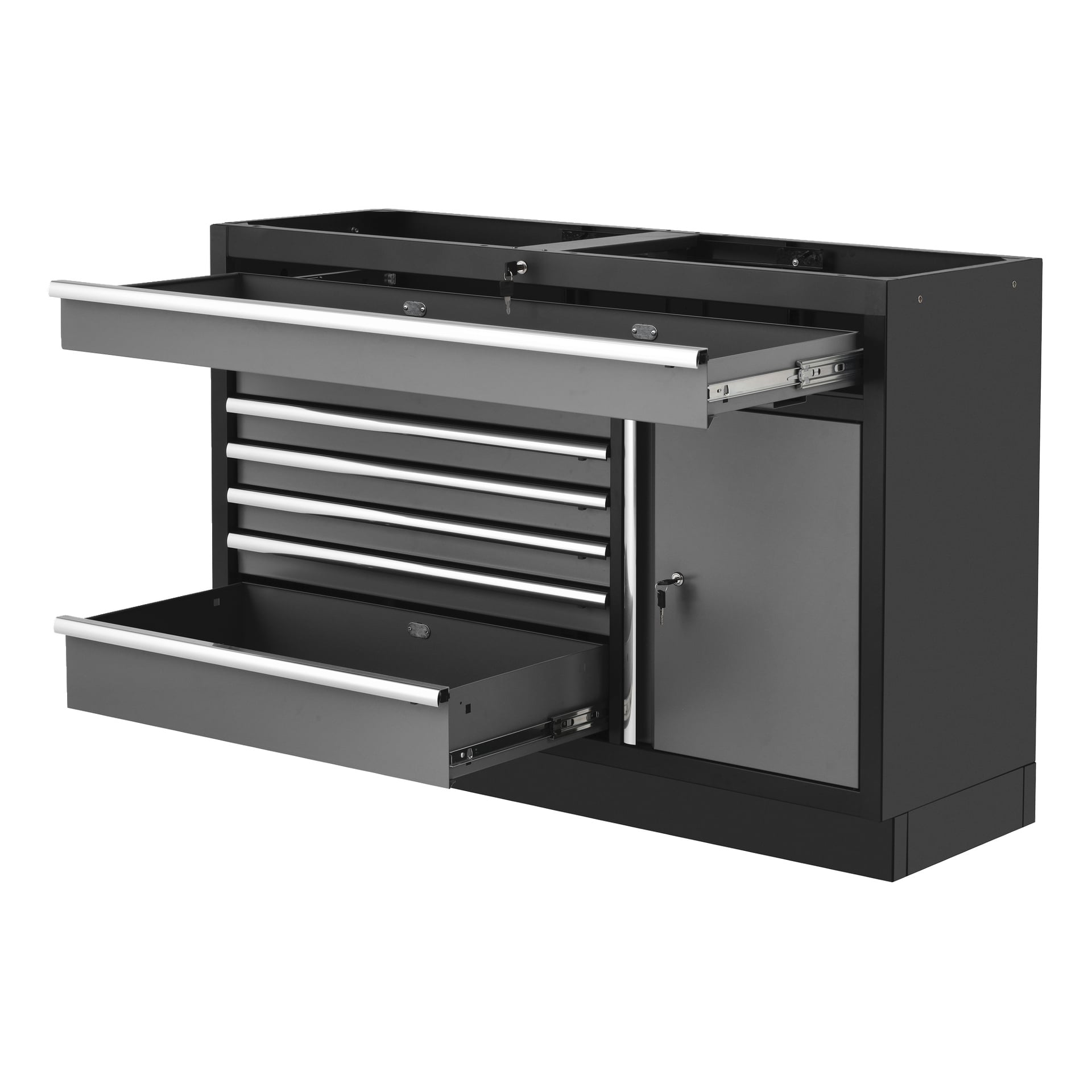 Svart och grå metallverktygskista med flera lådor, med en stor och en liten låda öppen, plus ett låsbart underskåp.