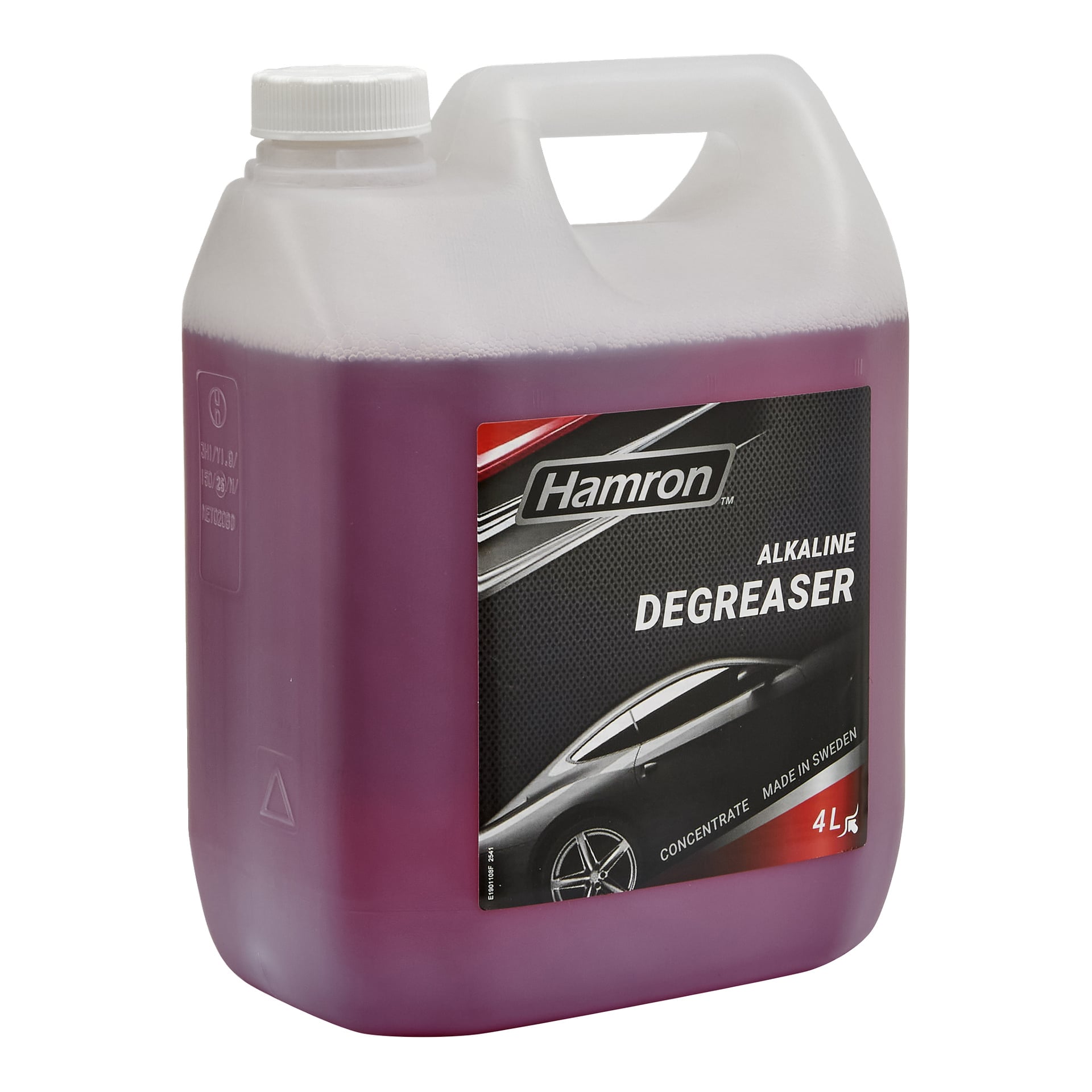 En 4-liters Hamron Alkaline Degreaser plastbehållare fylld med lila vätska; etiketten visar en bil och lyder "Concentrate, Made in Sweden."