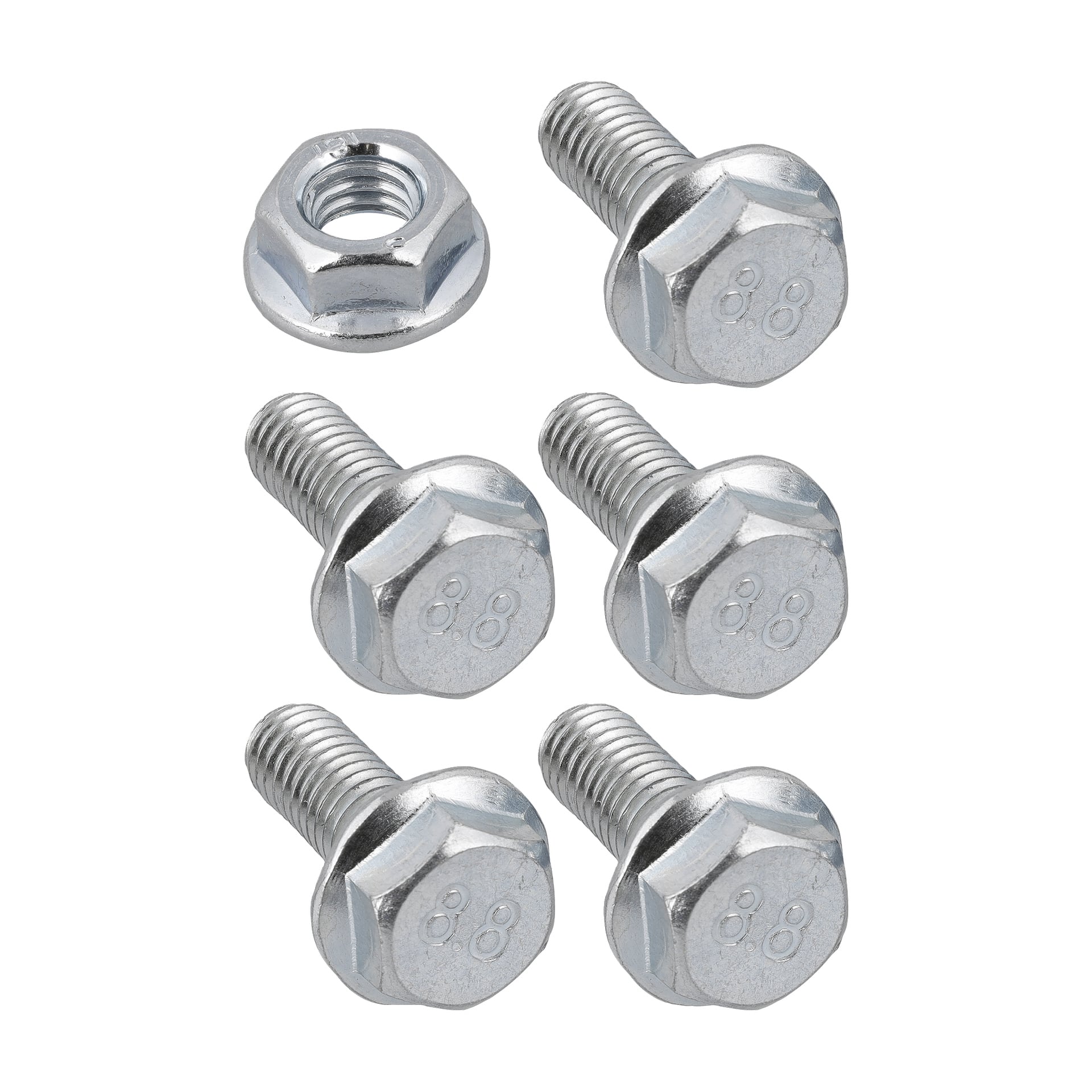 Fem gjengede sekskantbolter og en sekskantmutter, alle med blank sølvfinish, er pent arrangert i to rader.