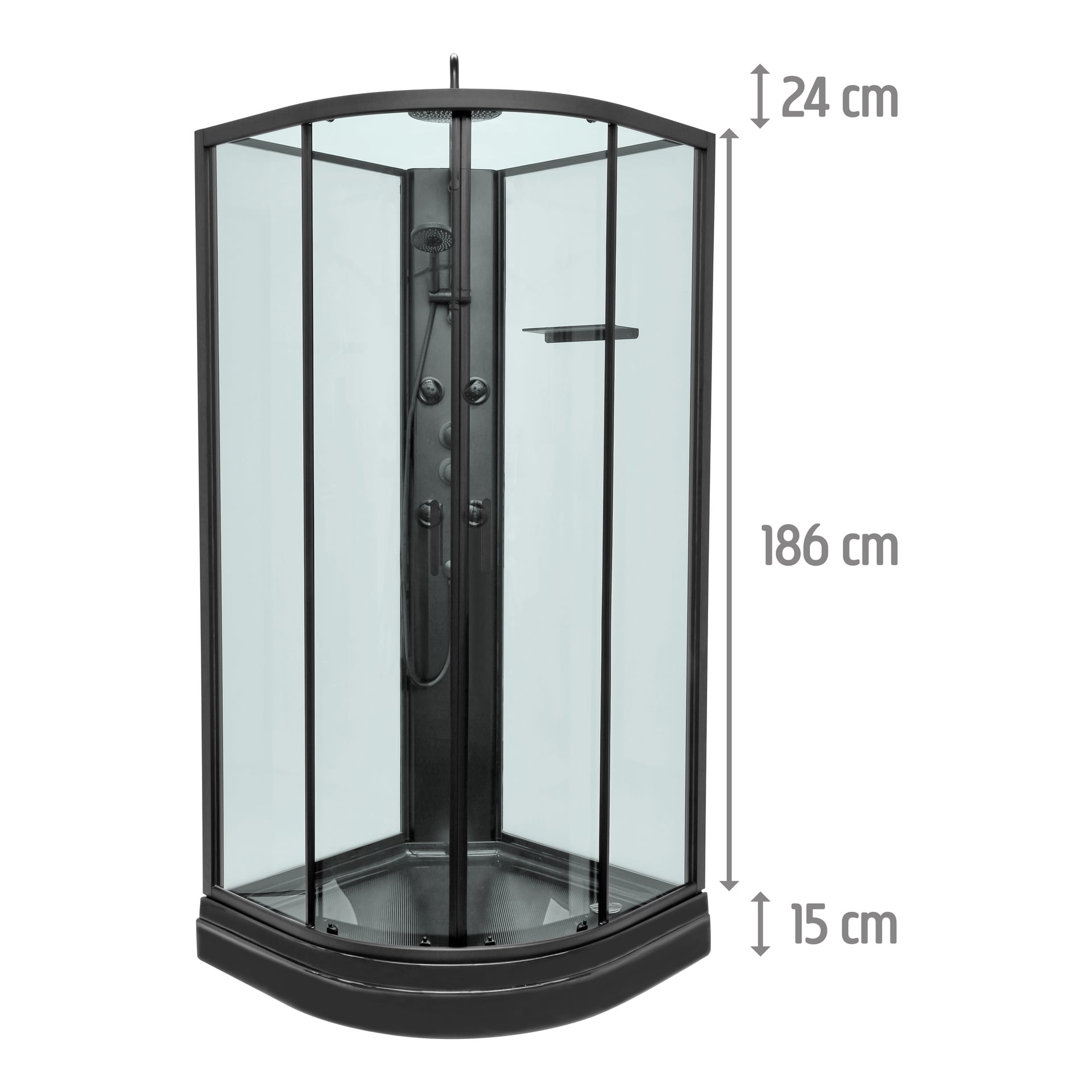 Hörnduschkabin med glasdörrar, svart ram, 186 cm hög; 24 cm öppning ovanpå, 15 cm bricka; duschmunstycke och kontroller inuti.