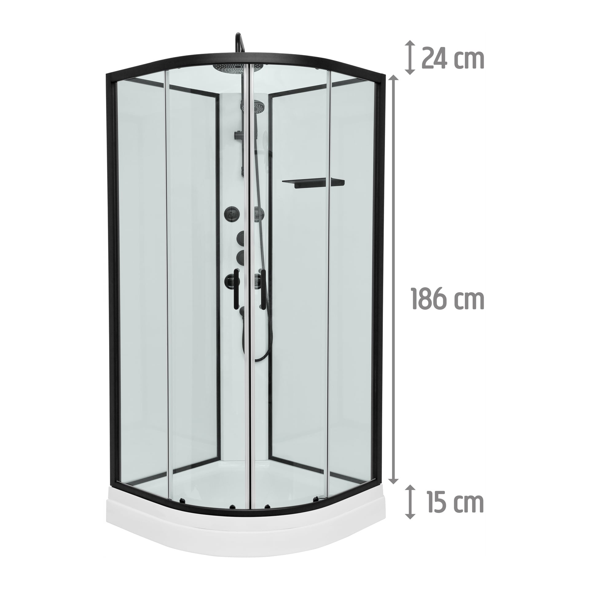 Glasduschkabinett med svart ram, skjutdörrar, vit bas; höjd anges som 186 cm, övre 24 cm, nedersta 15 cm.