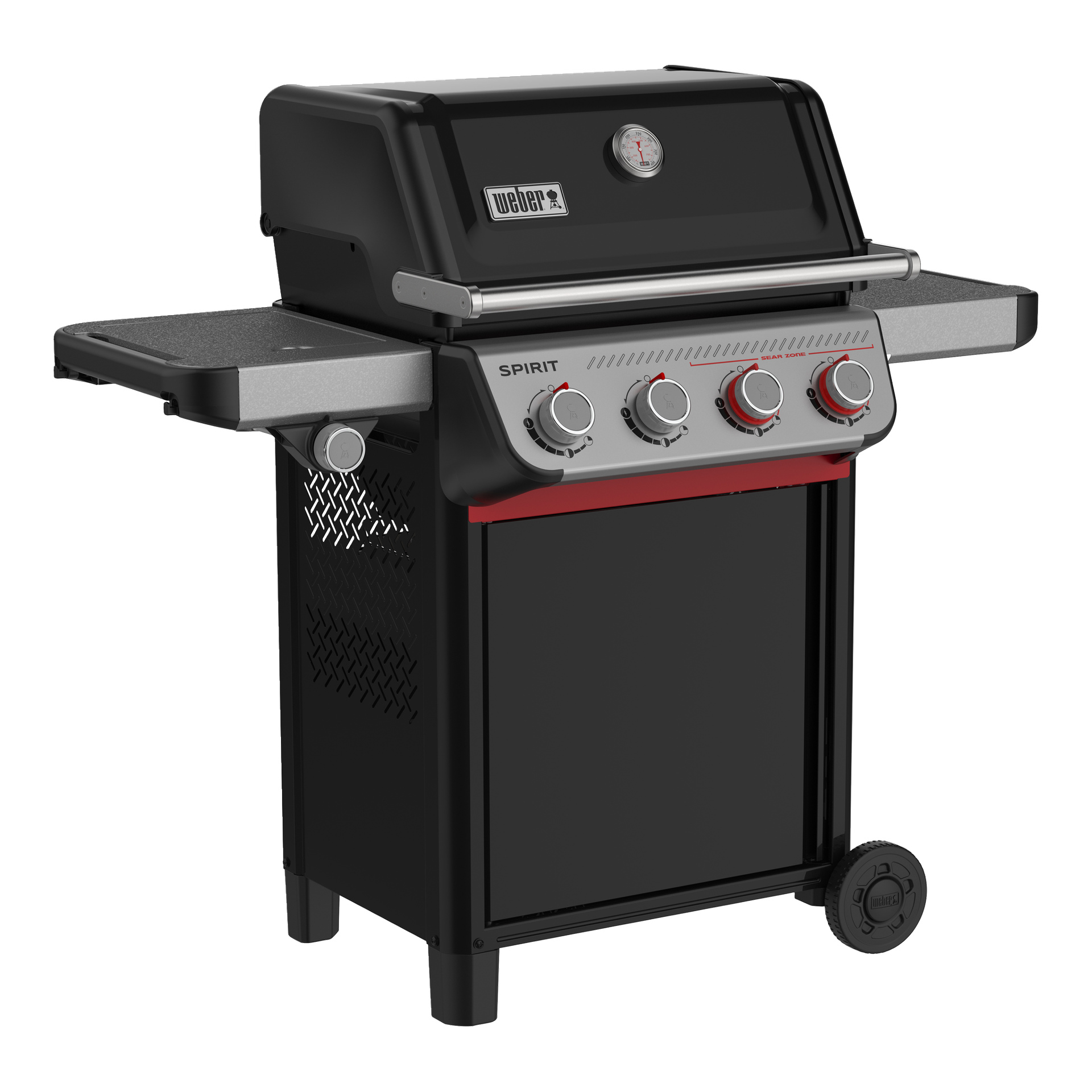 Czarno-srebrny grill gazowy Weber Spirit z czterema gałkami, półką boczną, termometrem na pokrywie oraz dwoma kółkami ułatwiającymi ruch.
