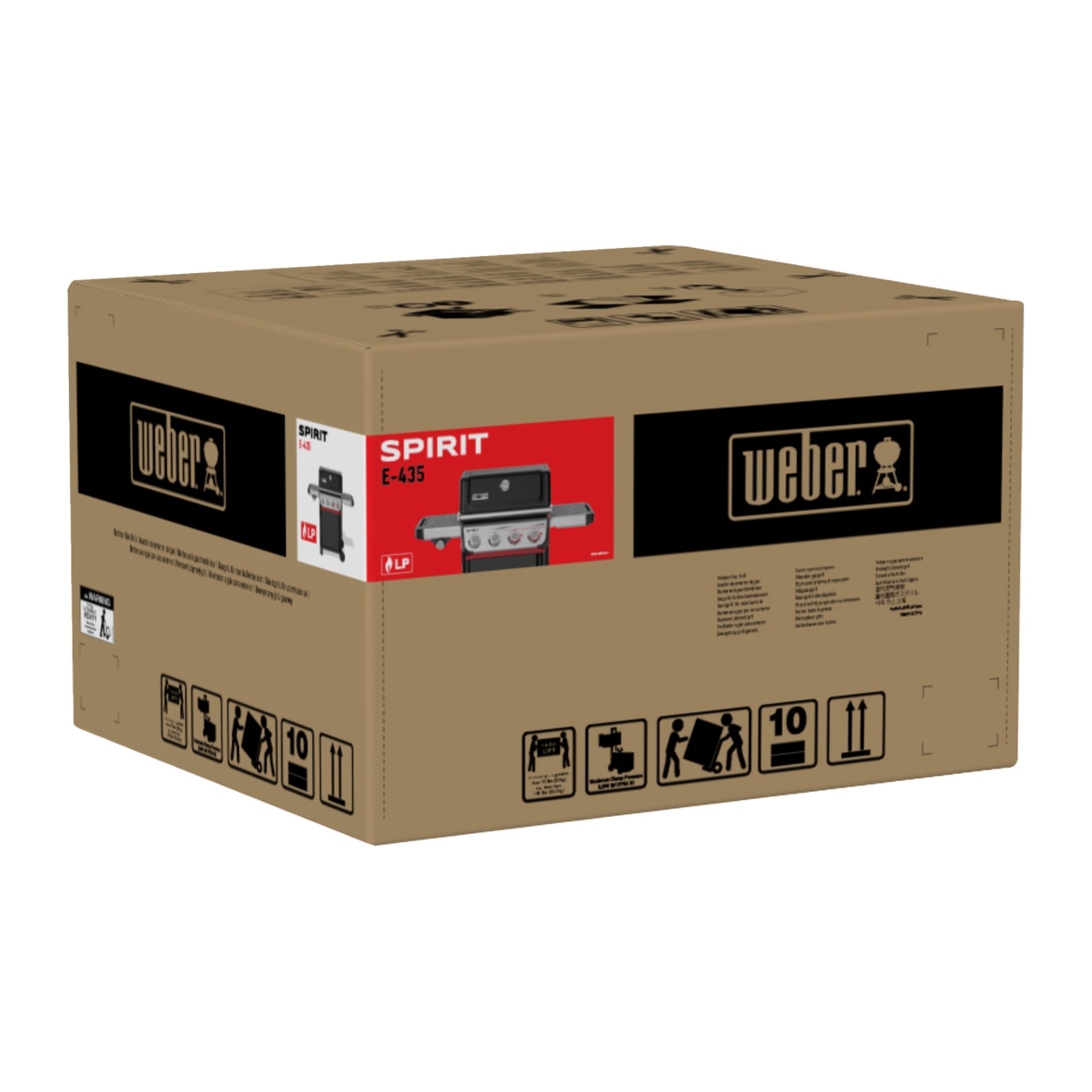 Duże brązowe pudełko z napisem Weber Spirit E-435, z obrazkiem grilla, logotypami Webera oraz symbolami takimi jak "kruche" i "ta strona do góry".