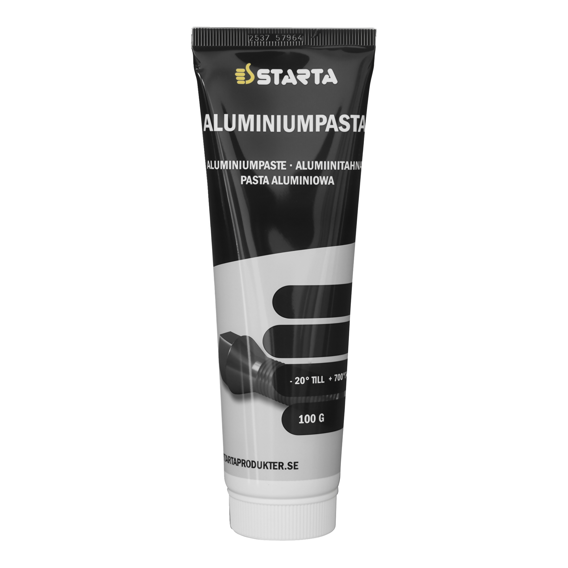 Et svart-hvitt 100g rør merket Starta Aluminiumpasta, som viser produktinformasjon, -20°C til +700°C, og en dysegrafikk.