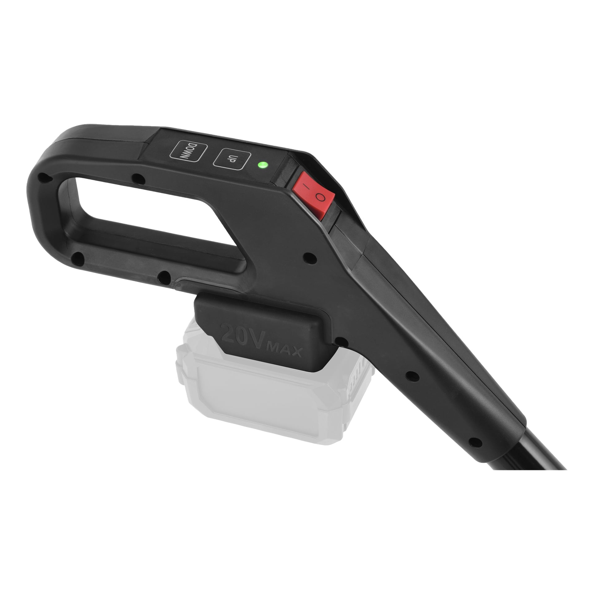 Svart håndholdt verktøyhåndtak med rød bryter, grønt lys, "Ned" og "Opp"-knapper, og en delvis synlig 20V Max-batteripakke.