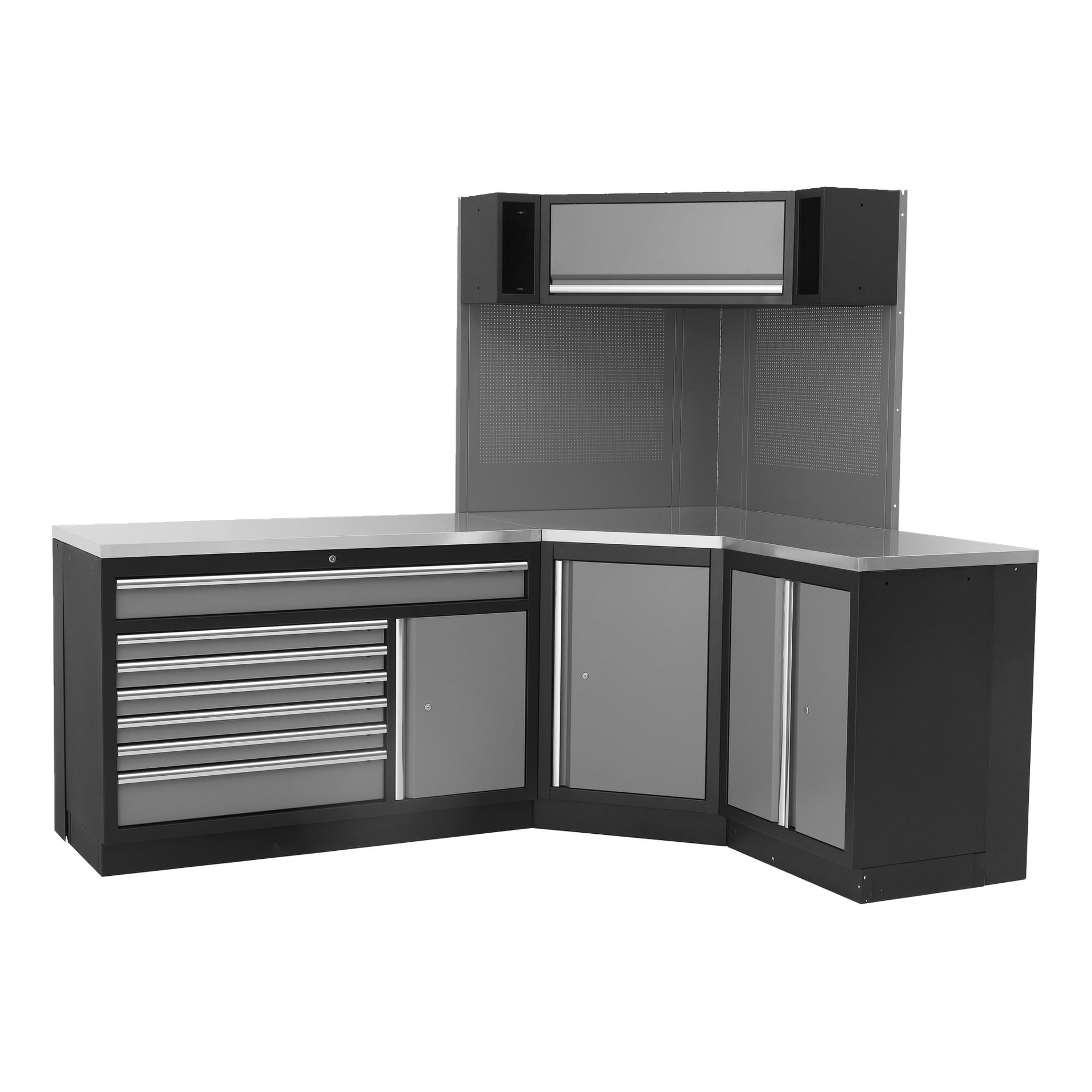 Svart och grå L-formad metallarbetsbänk med lådor, skåp, takförvaring, rostfri stålskiva och pegboard-baksida.