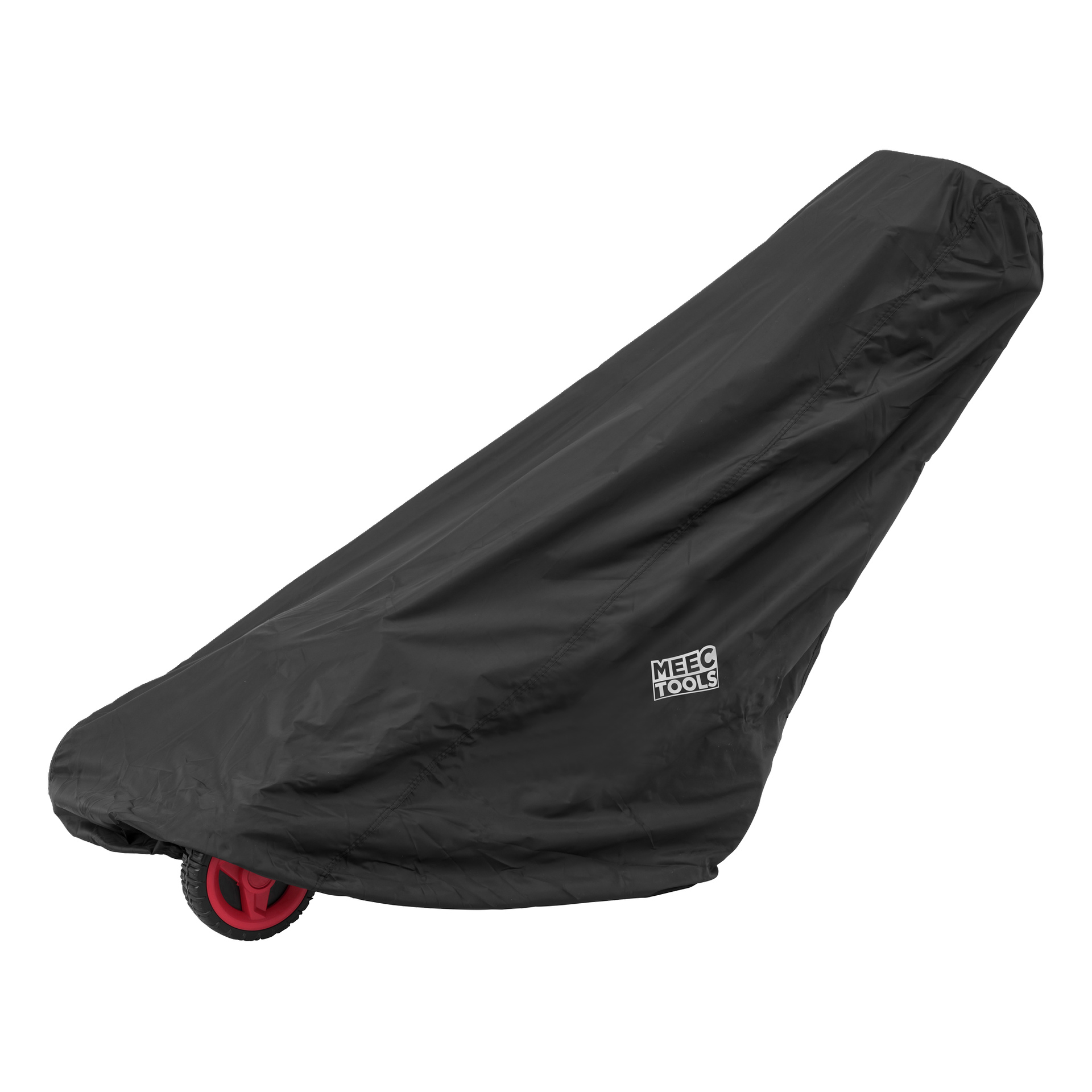 Et svart MEEC Tools-deksel sitter tett på en trillebår, med det røde hjulet delvis synlig foran.
