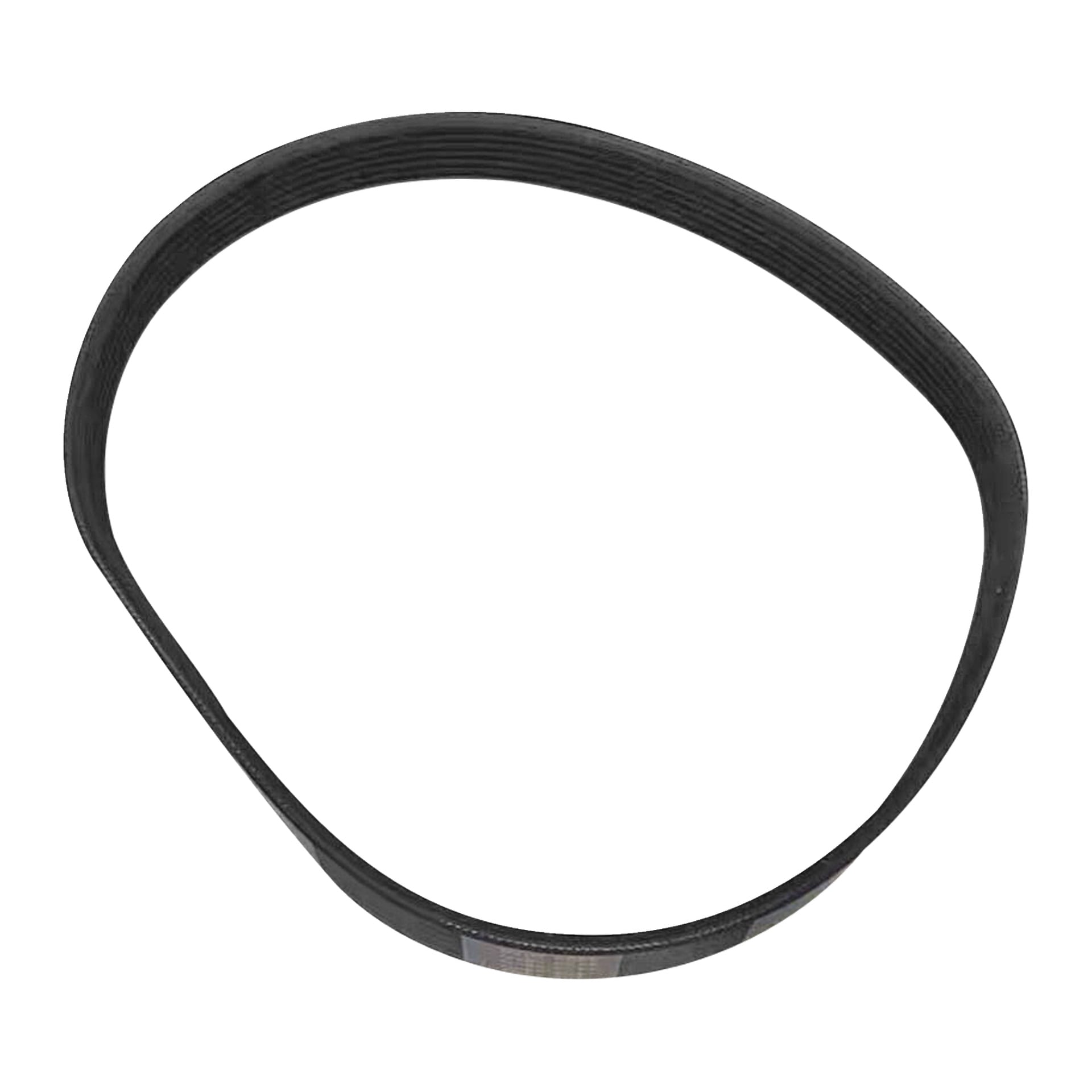 En svart löpbandsrem med ribbad yta är placerad platt i en ojämn oval form.
