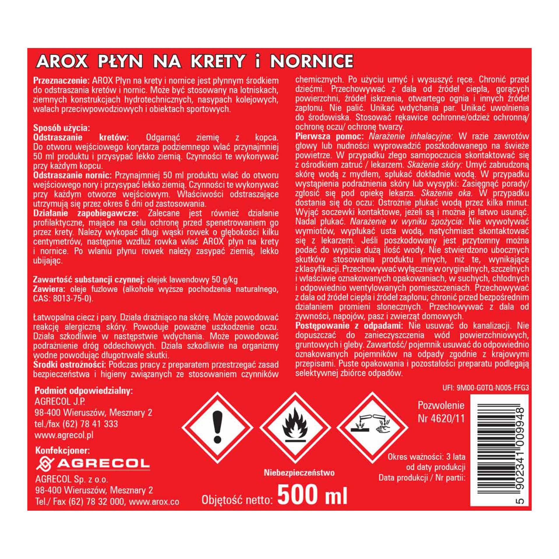 Czerwono-biała etykieta zawiera instrukcje, informacje o bezpieczeństwie oraz producenta Arox Płyn na krety i nornice, 500 ml repelentu mole.