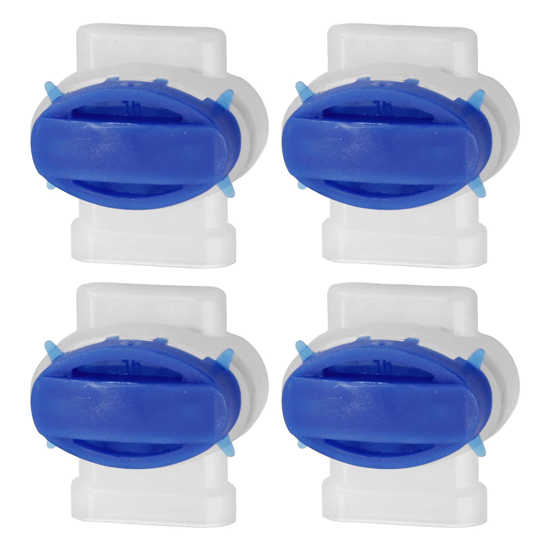 Fyra identiska blå och vita plastkranadaptrar är arrangerade i ett 2x2-rutnät. Varje urtavla har blå urtavla och vit bas.