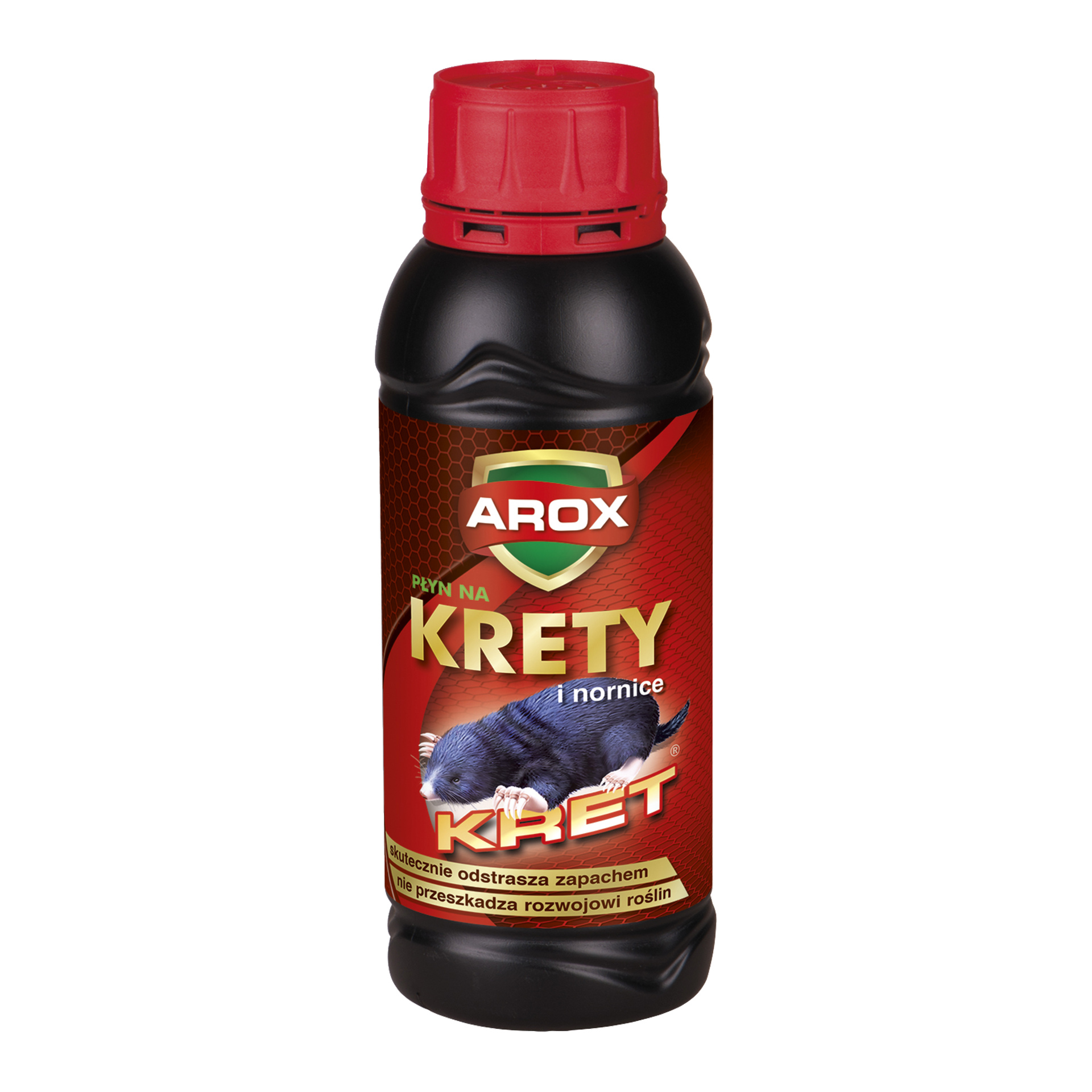 Butelka płynnego środka Arox na mole i nornice z czerwoną kapslą i etykietą z pieprzykiem, logo marki i szczegółami produktu.