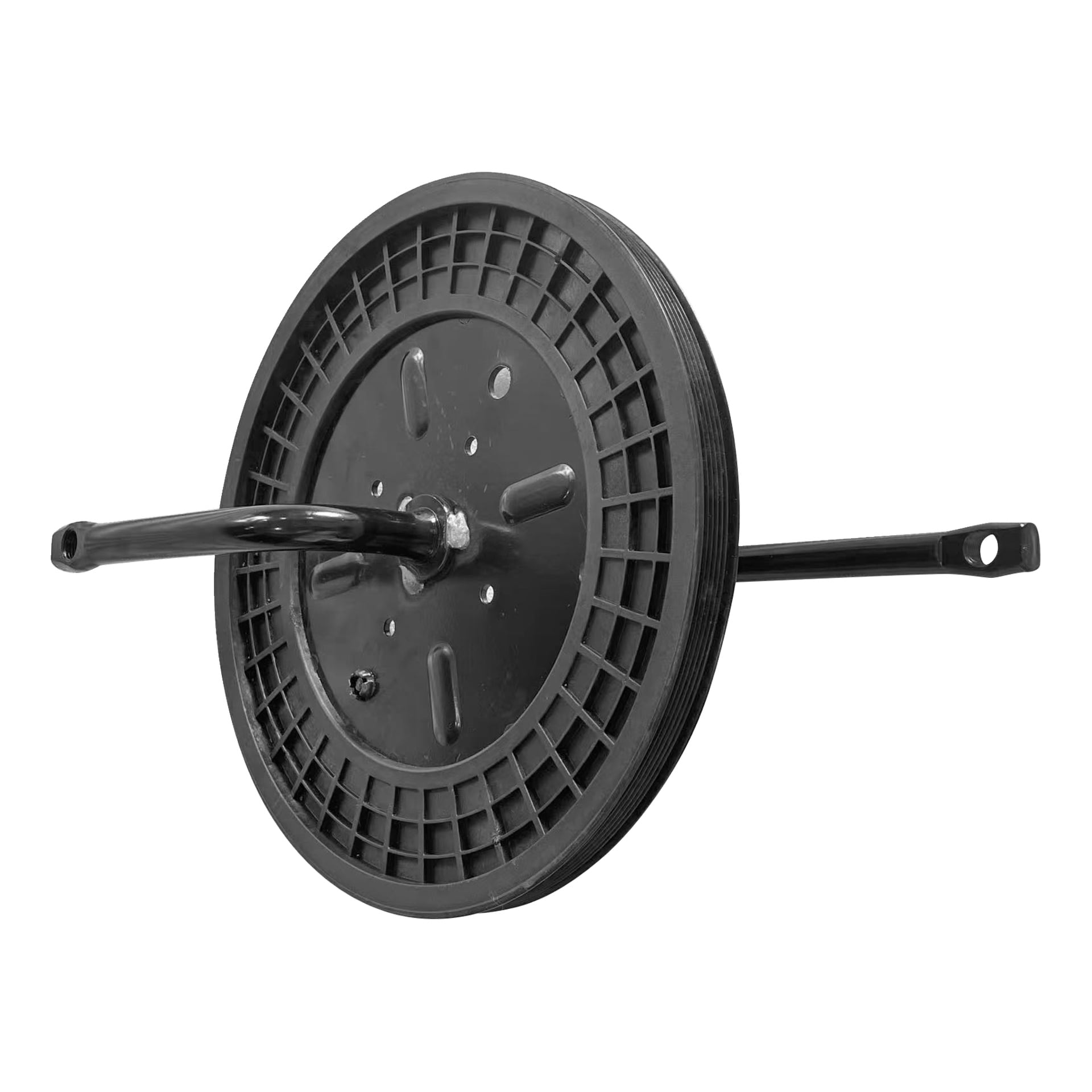 Närbild på ett svart plasthjul med en metallaxel och två metallarmar från en träningscykel med Belt-hjul.