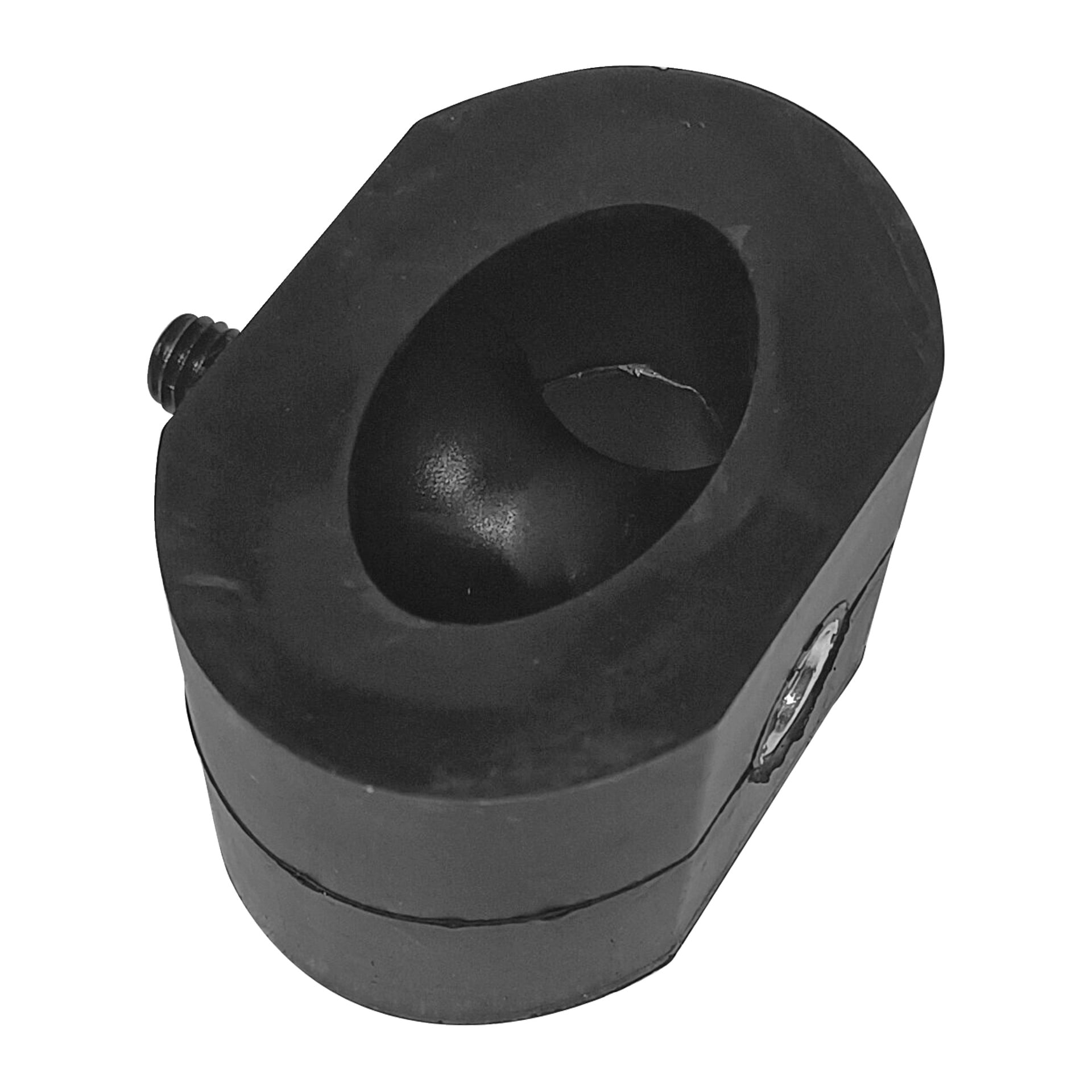 Svart oval plastklämma med en central öppning och sidoskruv, använd för att säkra eller fästa föremål.