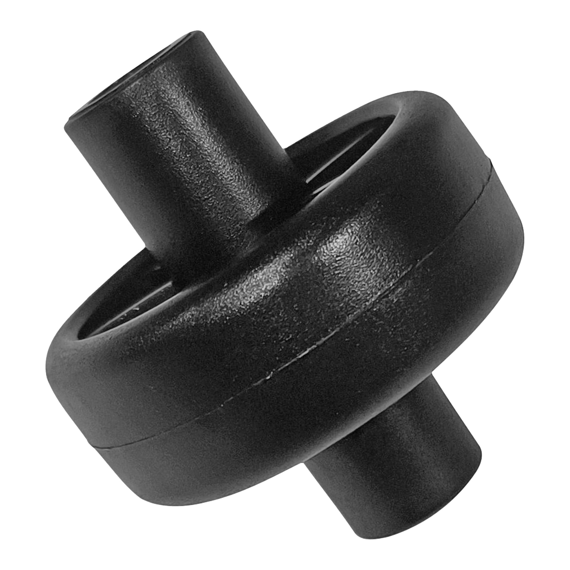 Ett svart plastcylindriskt hjullöpband med ett centralt upphöjt band och två ihåliga sidoförlängningar, liknande en adapter.