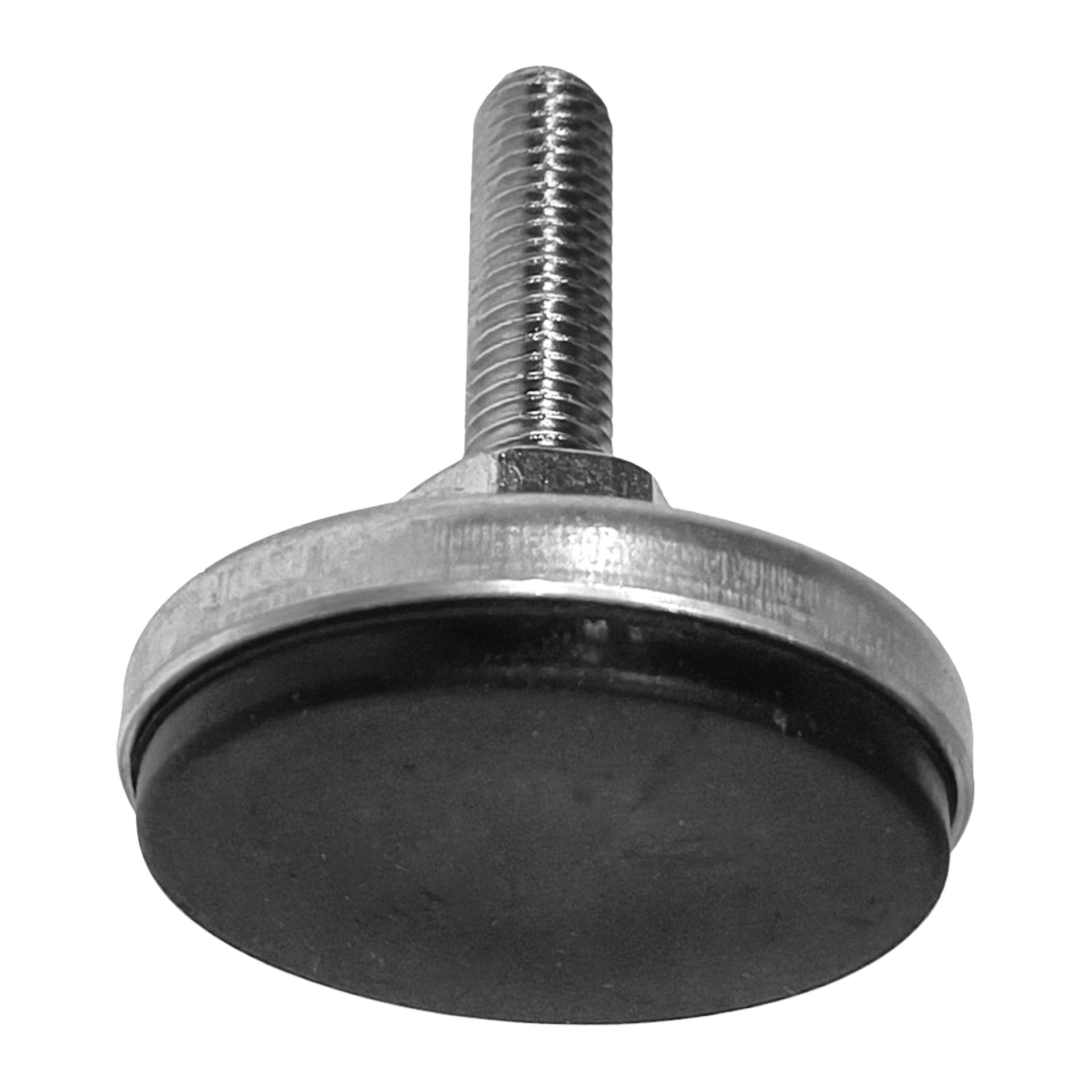 Löpbandet har en justerbar metallfot med gängad bult och svart gummibas för att jämna ut träningsutrustning eller möbler.
