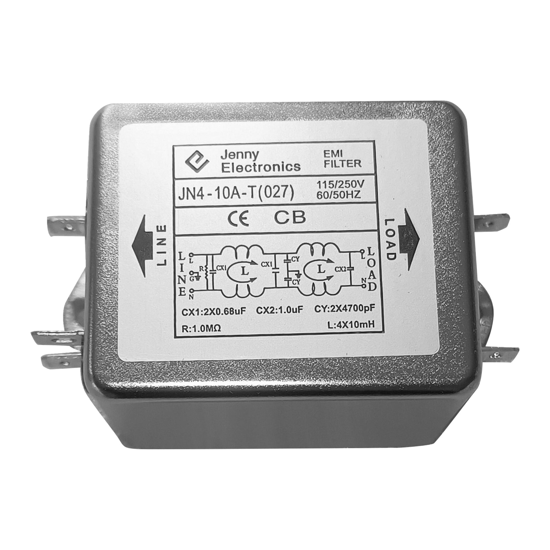 Rektangulärt EMI-filter märkt Jenny Electronics JN4-10A-T(027) med schema, specifikationer (115/250V, 10A, 60/50Hz) och terminaletiketter.