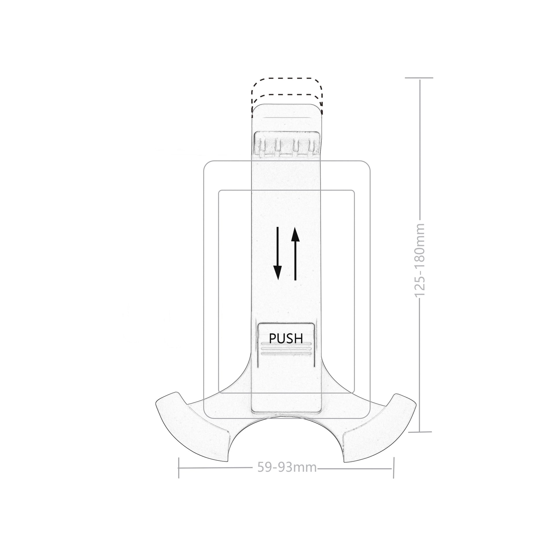 Diagram över en telefonhållare som visar justerbar bredd (59–93 mm), höjd (125–180 mm), TRYCKKNAPP och pilar för skjutning.