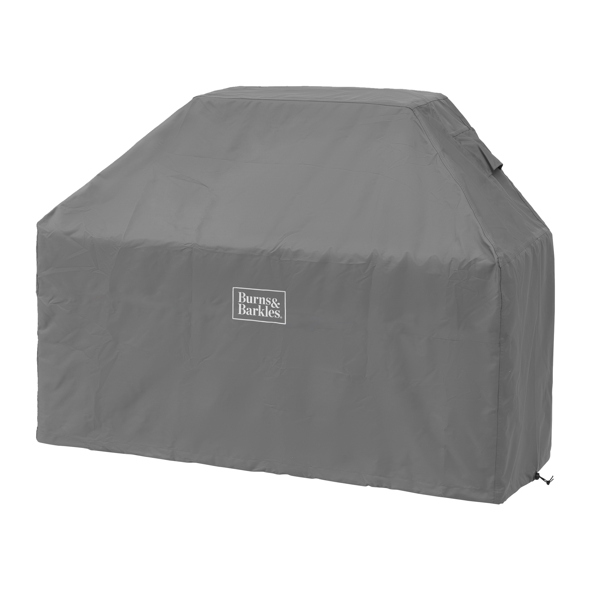Ett grått grillskydd med Burns & Barkles-logotypen, som tätt täcker en rektangulär utomhusgrill.